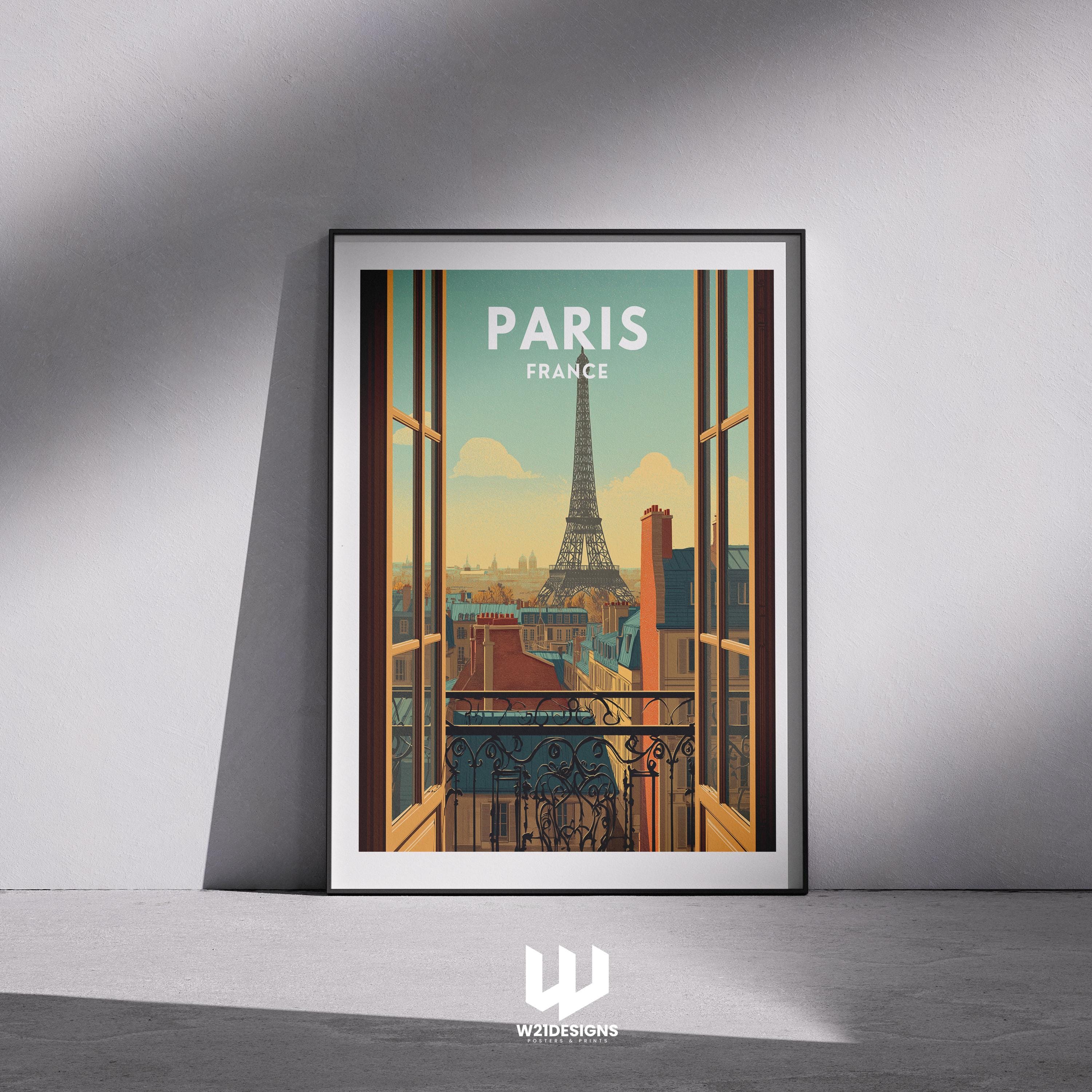 Eiffel Tower Print: Vintage Paris Balcony View Travel Poster