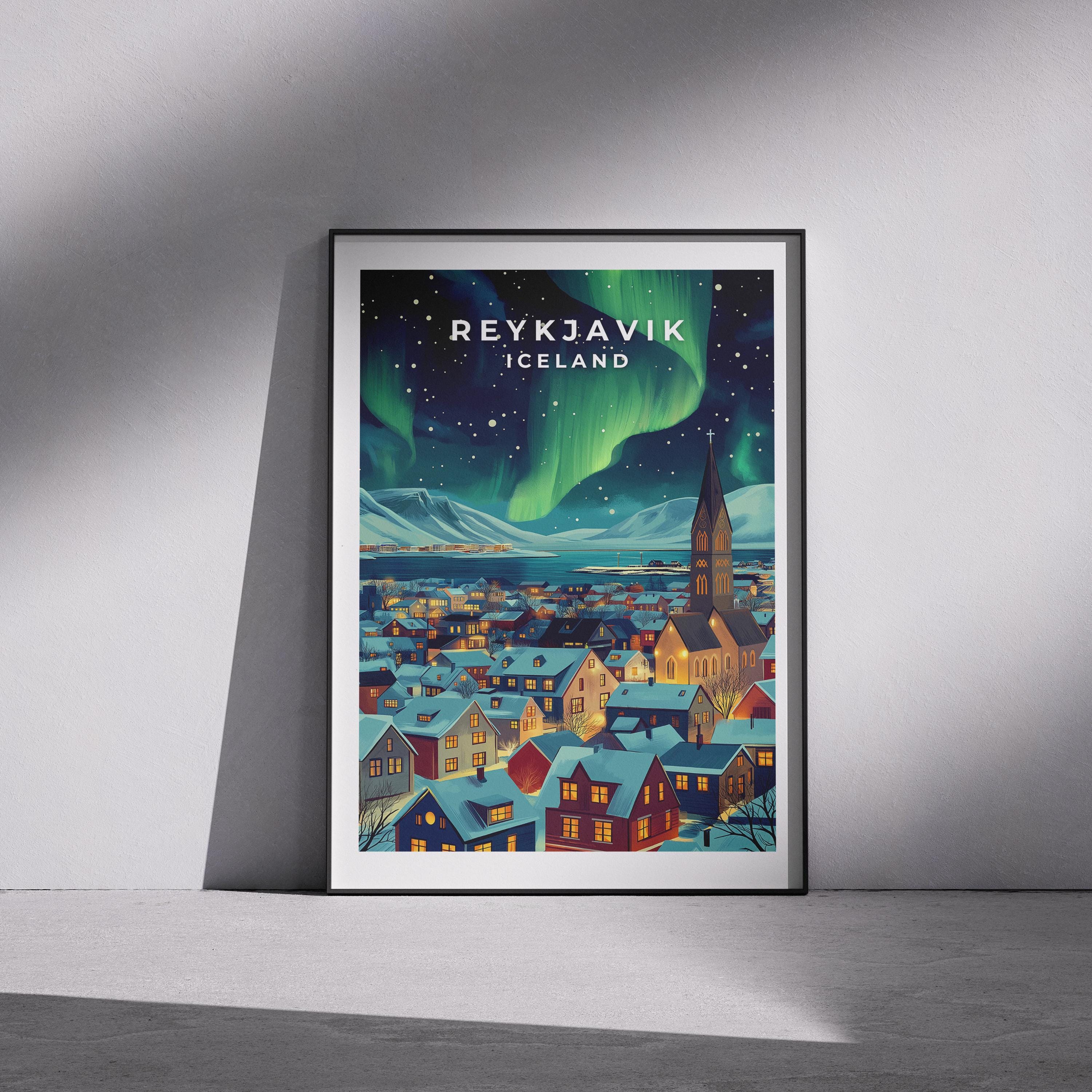 Reykjavik Northern Lights Print: Vintage Iceland Travel Poster