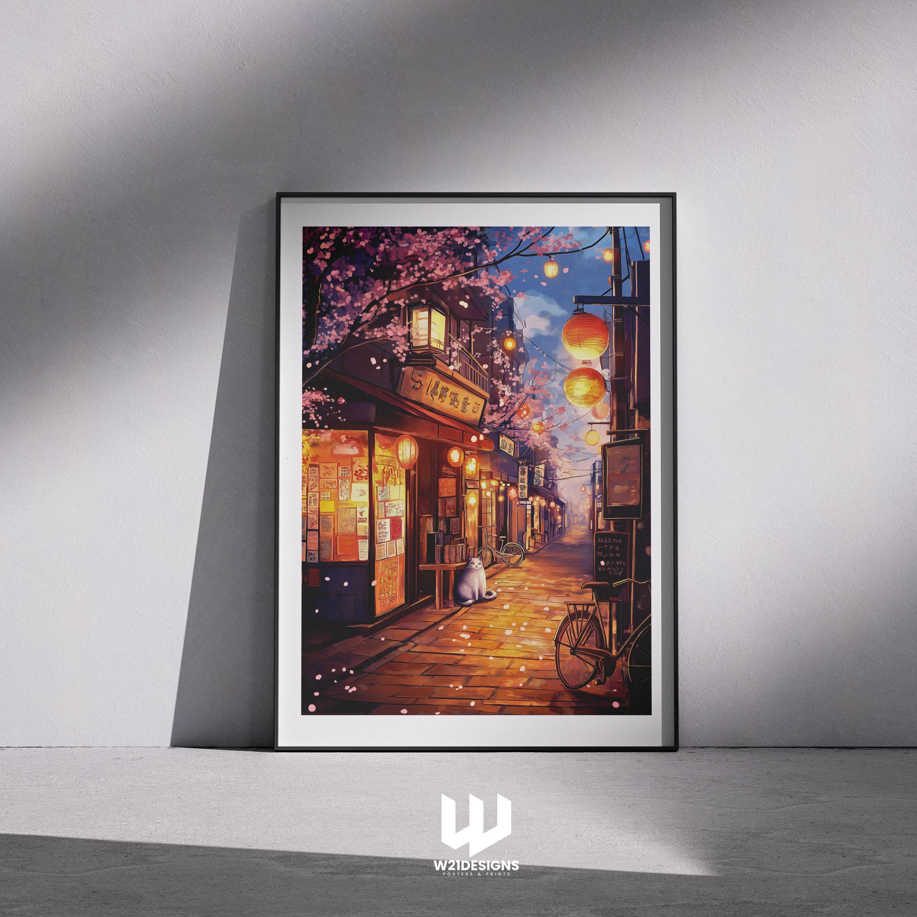 Ghibli Cat Art Print: Japanese Alley Lanterns, Anime Wall Decor
