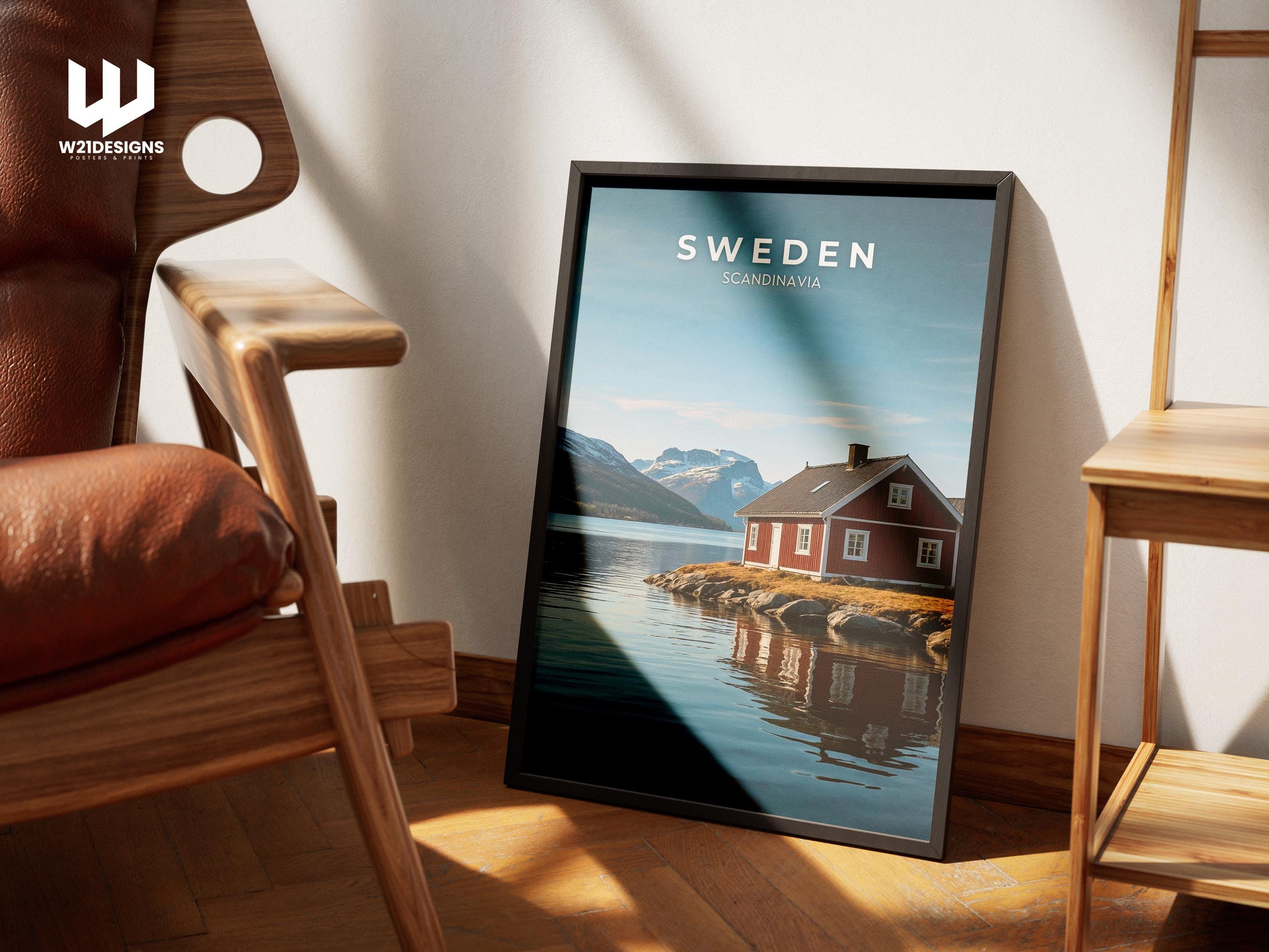 Sweden Travel Poster: Red Cabin, Scandinavian Mountains Art Print