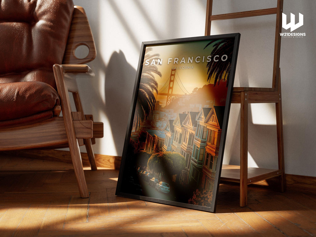 San Francisco Travel Poster: Golden Gate Bridge & Painted Ladies Art