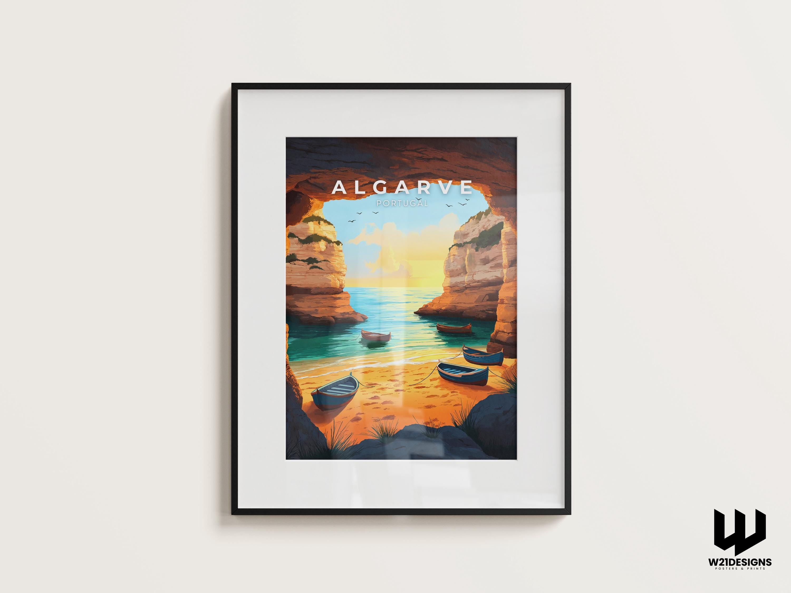 Algarve Portugal Travel Poster: Sunset Beach Coastal Art