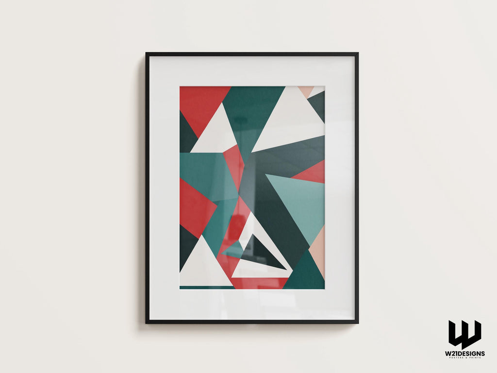 Geometric Triangle Art Print: Modern Red, Teal, Green Poster