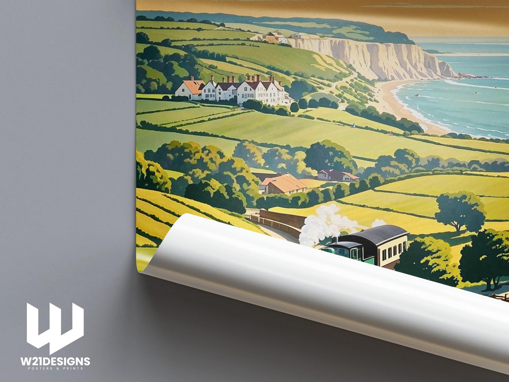 Vintage Kent Travel Poster: White Cliffs & Steam Train Art