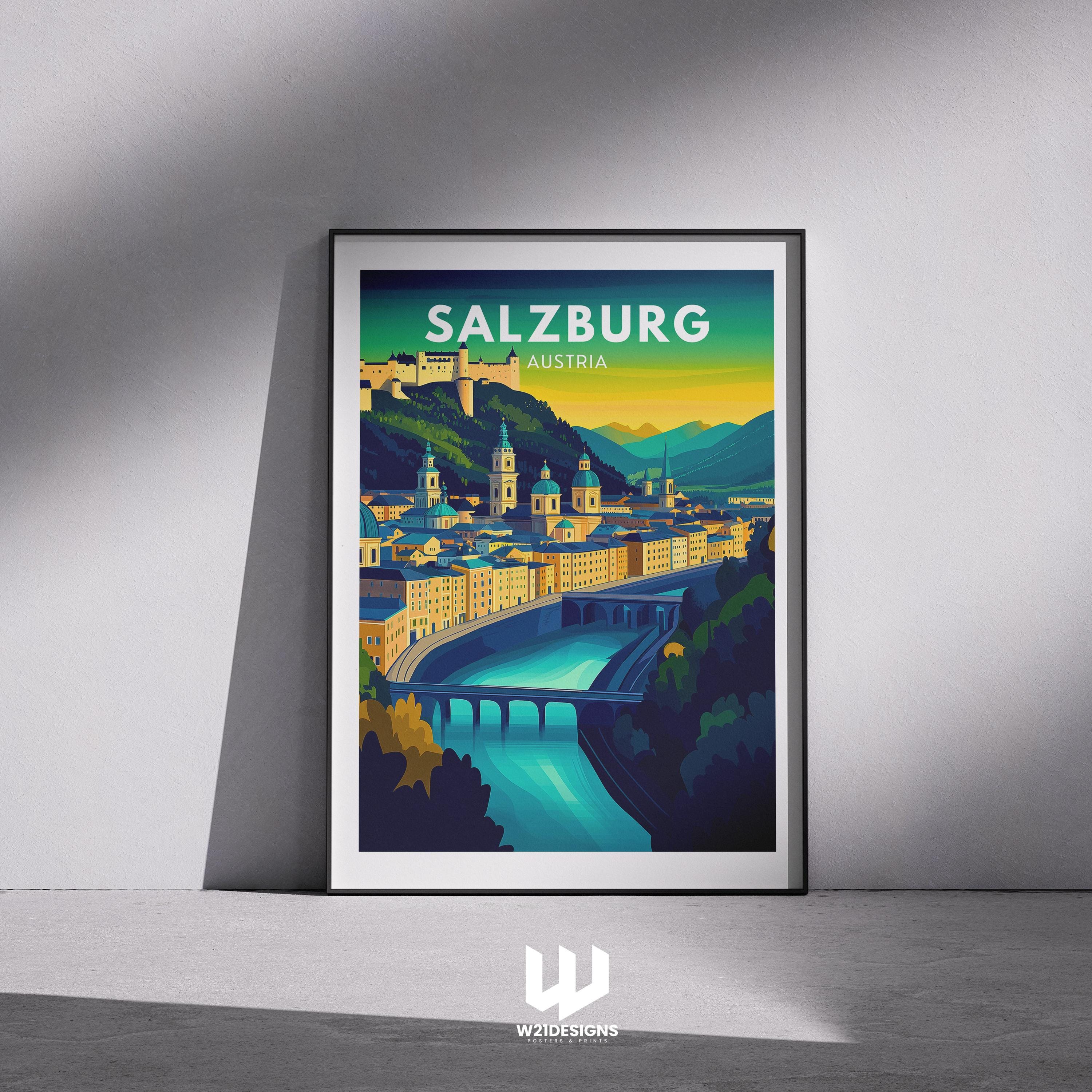 Salzburg Austria Travel Poster: Vintage Hohensalzburg Fortress Art