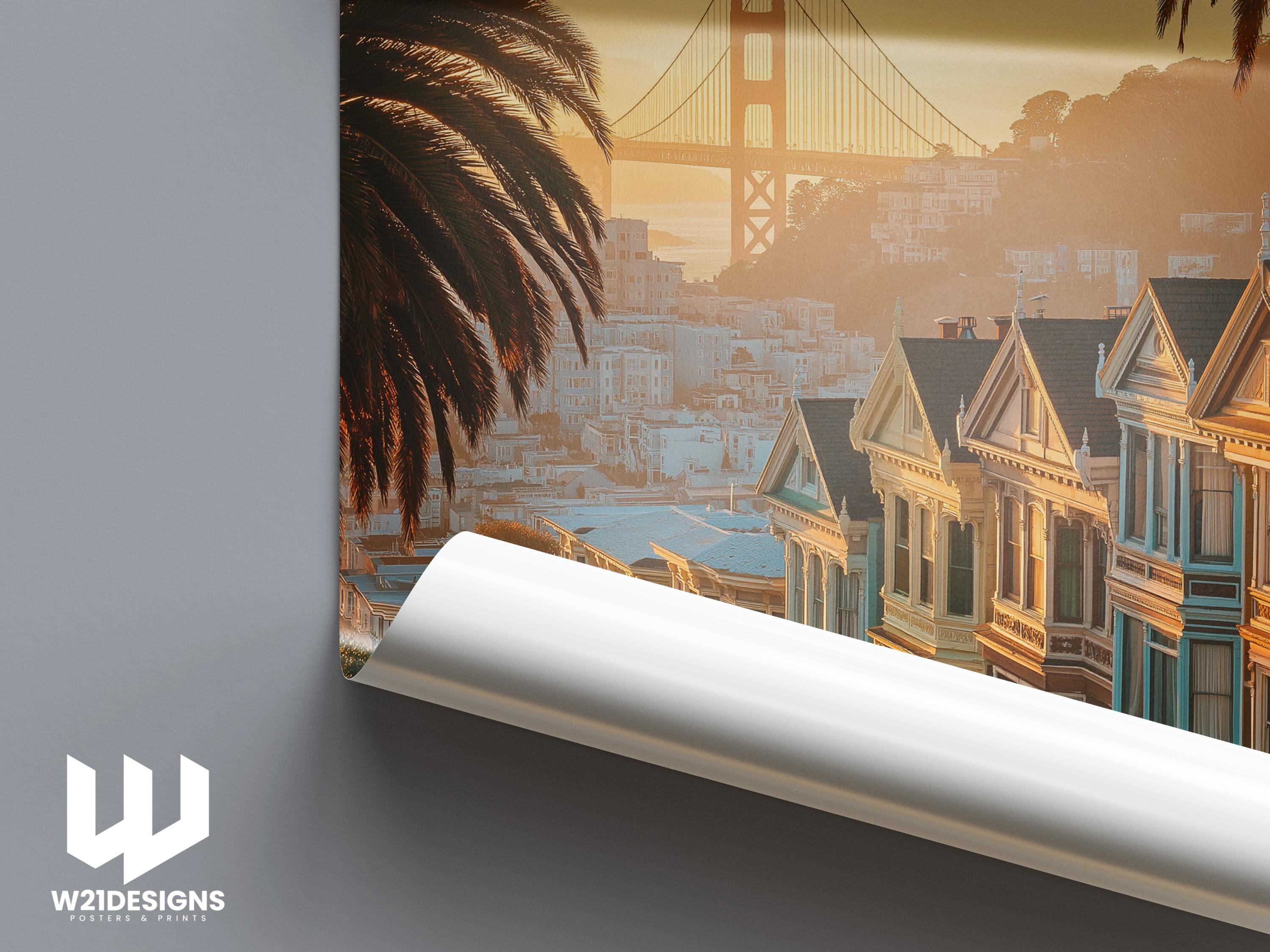 San Francisco Travel Poster: Golden Gate Bridge & Painted Ladies Art