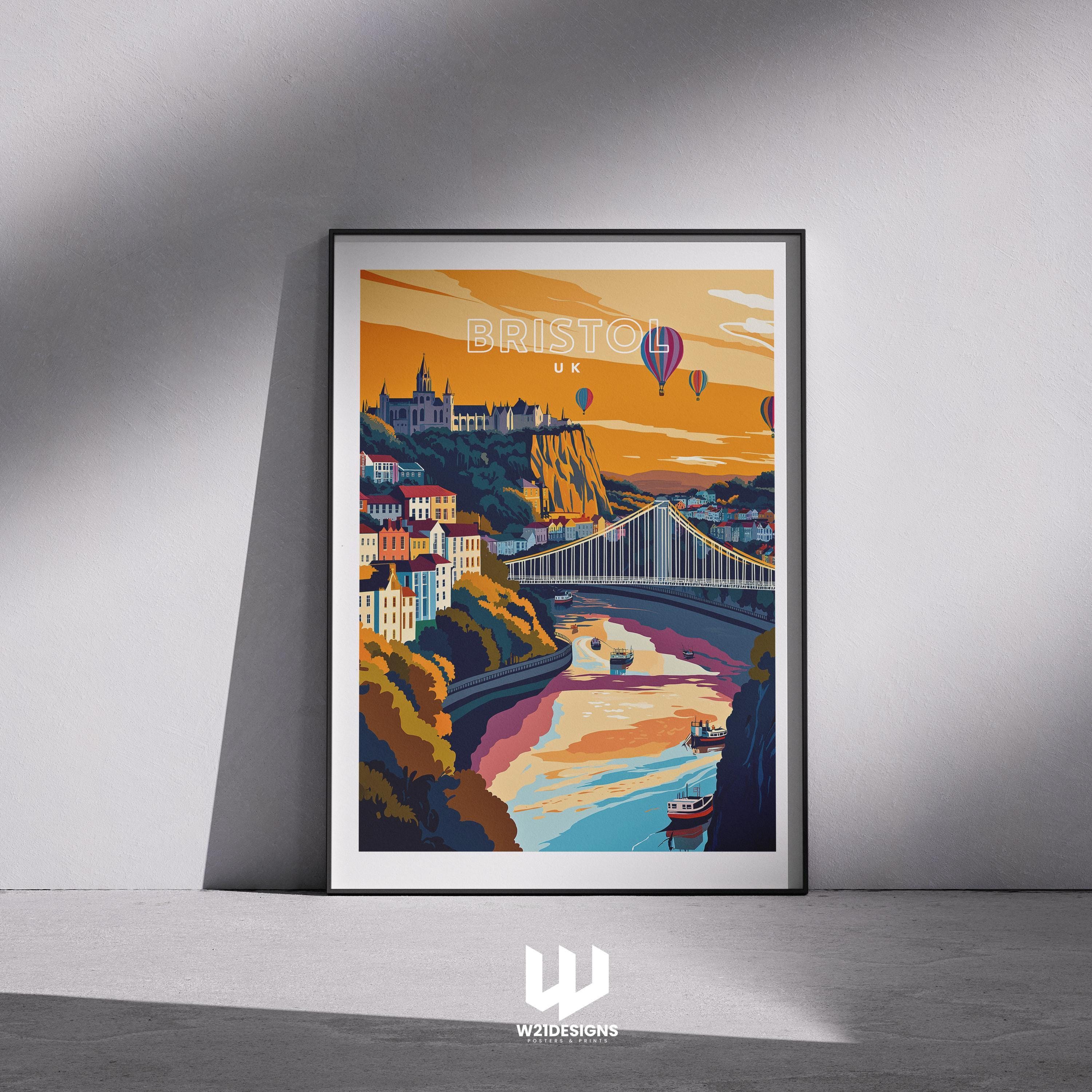 Bristol Travel Poster: Clifton Suspension Bridge & Hot Air Balloons