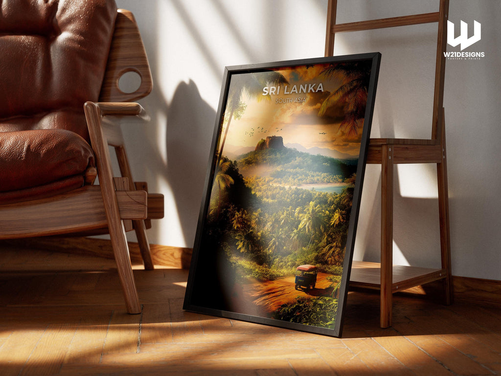 Sri Lanka Travel Poster: Sigiriya Rock, Tropical Jungle Art