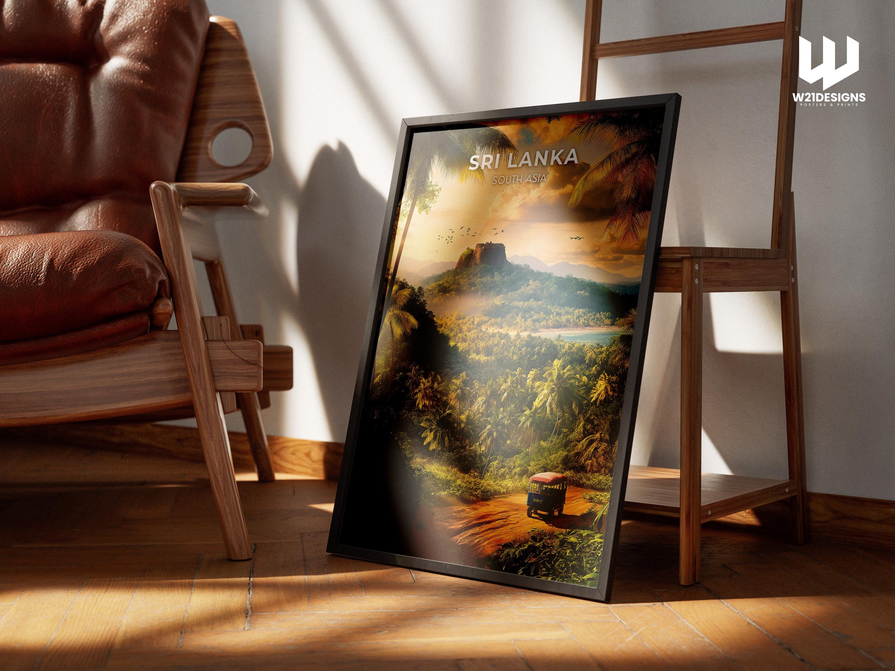 Sri Lanka Travel Poster: Sigiriya Rock, Tropical Jungle Art