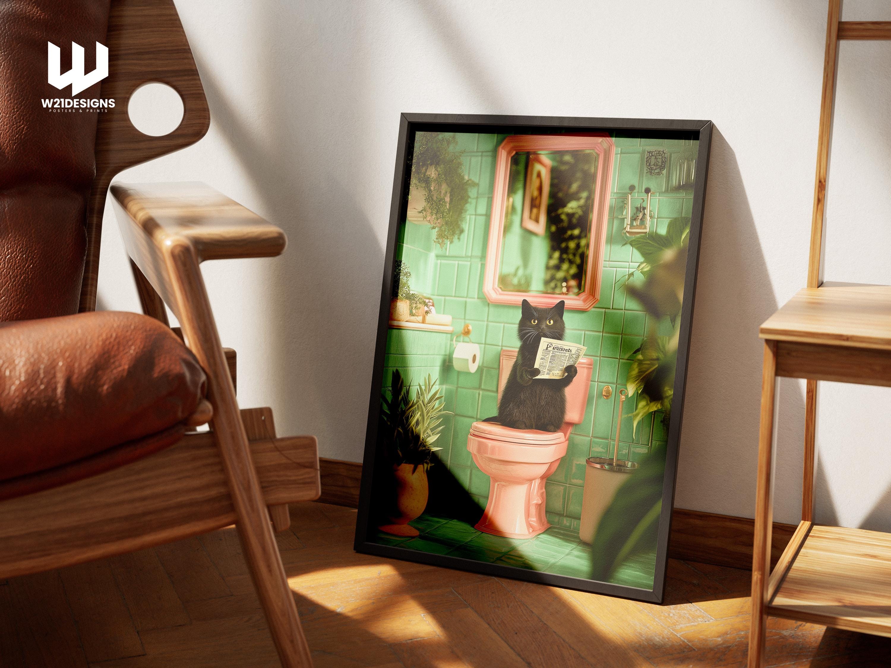 Funny Black Cat Bathroom Print: Quirky Toilet Humor Wall Art
