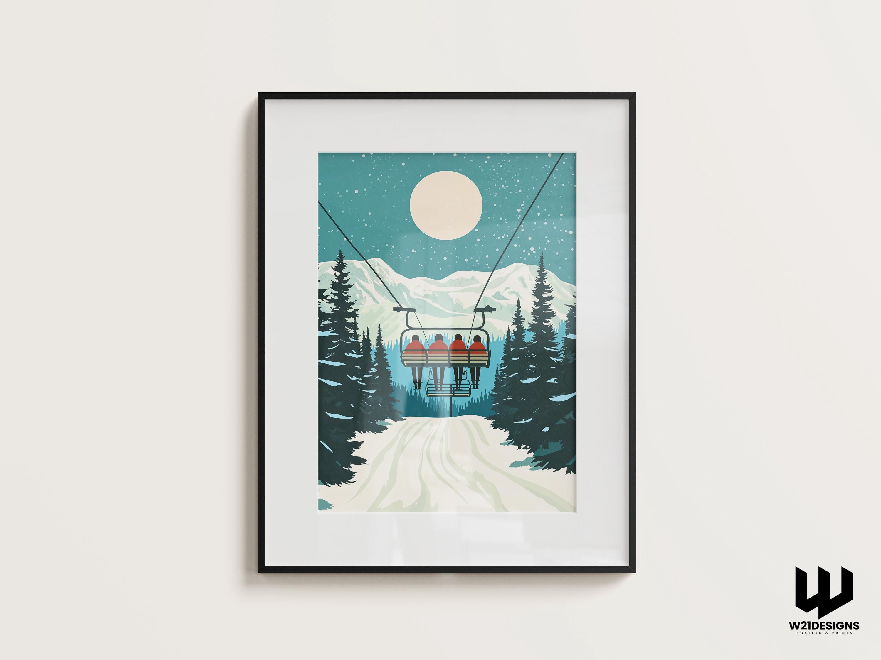 Vintage Ski Chairlift Poster: Snowy Mountain Cabin Wall Art
