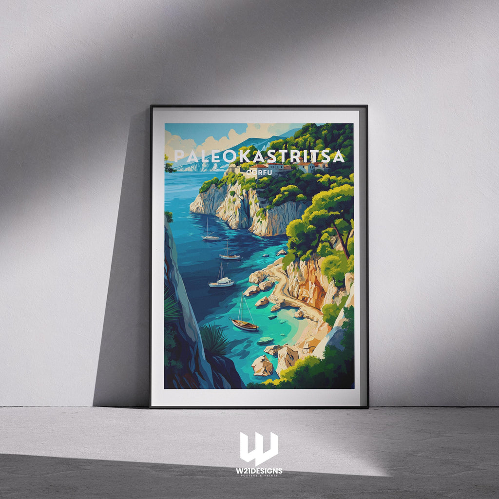 Paleokastritsa Travel Poster: Corfu Greece Coastal Cliff Art