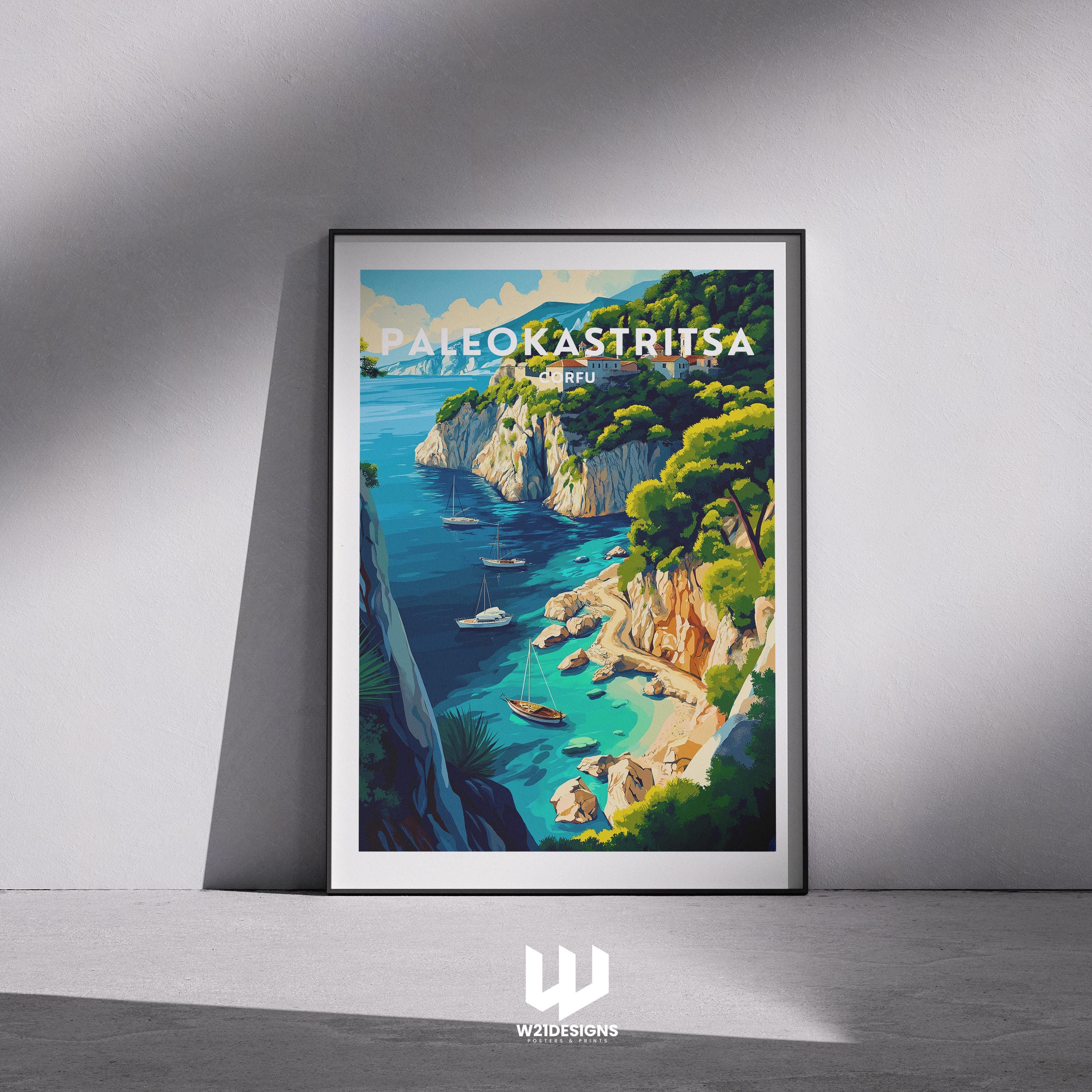 Paleokastritsa Travel Poster: Corfu Greece Coastal Cliff Art