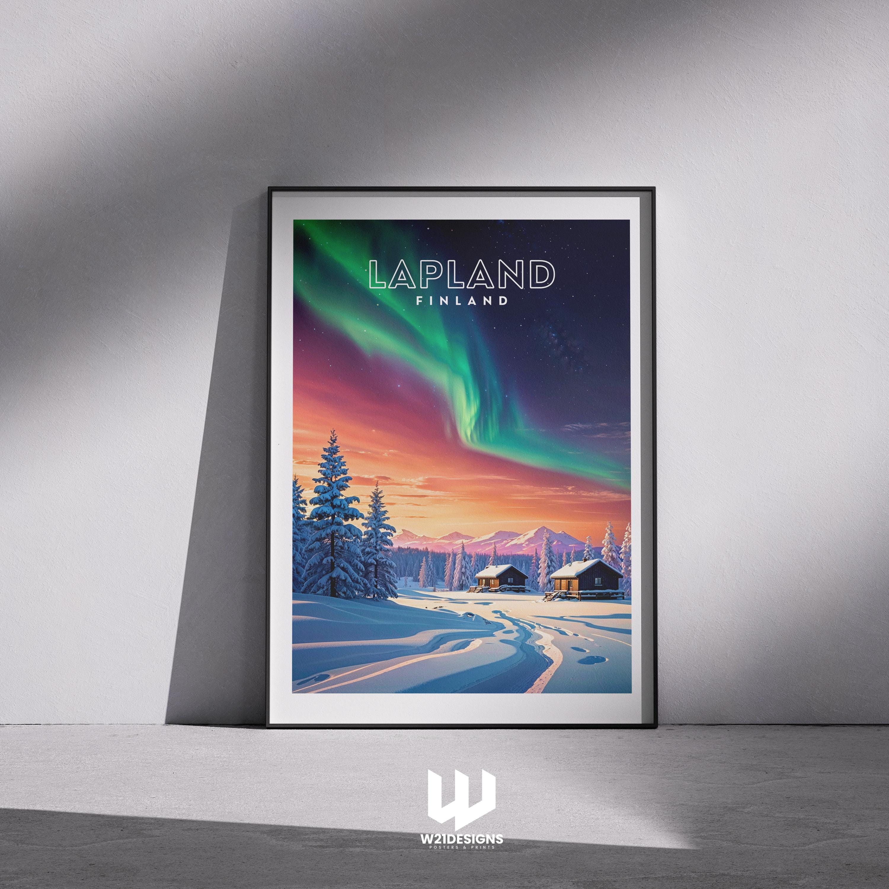 Lapland Northern Lights Poster: Finland Winter Cabin Art Print