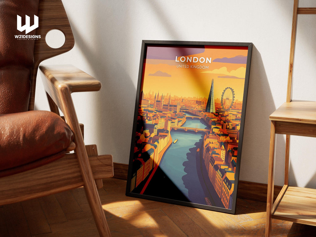London Travel Poster: Aerial Cityscape Art Print, River Thames & UK Landmarks