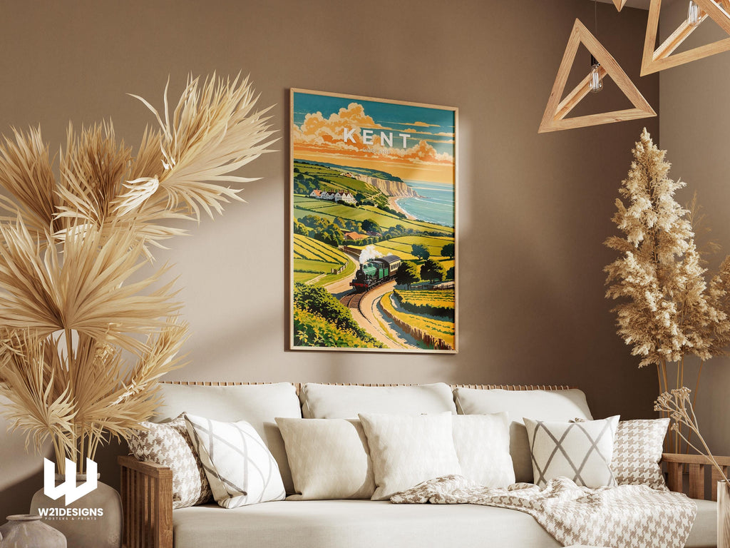 Vintage Kent Travel Poster: White Cliffs & Steam Train Art