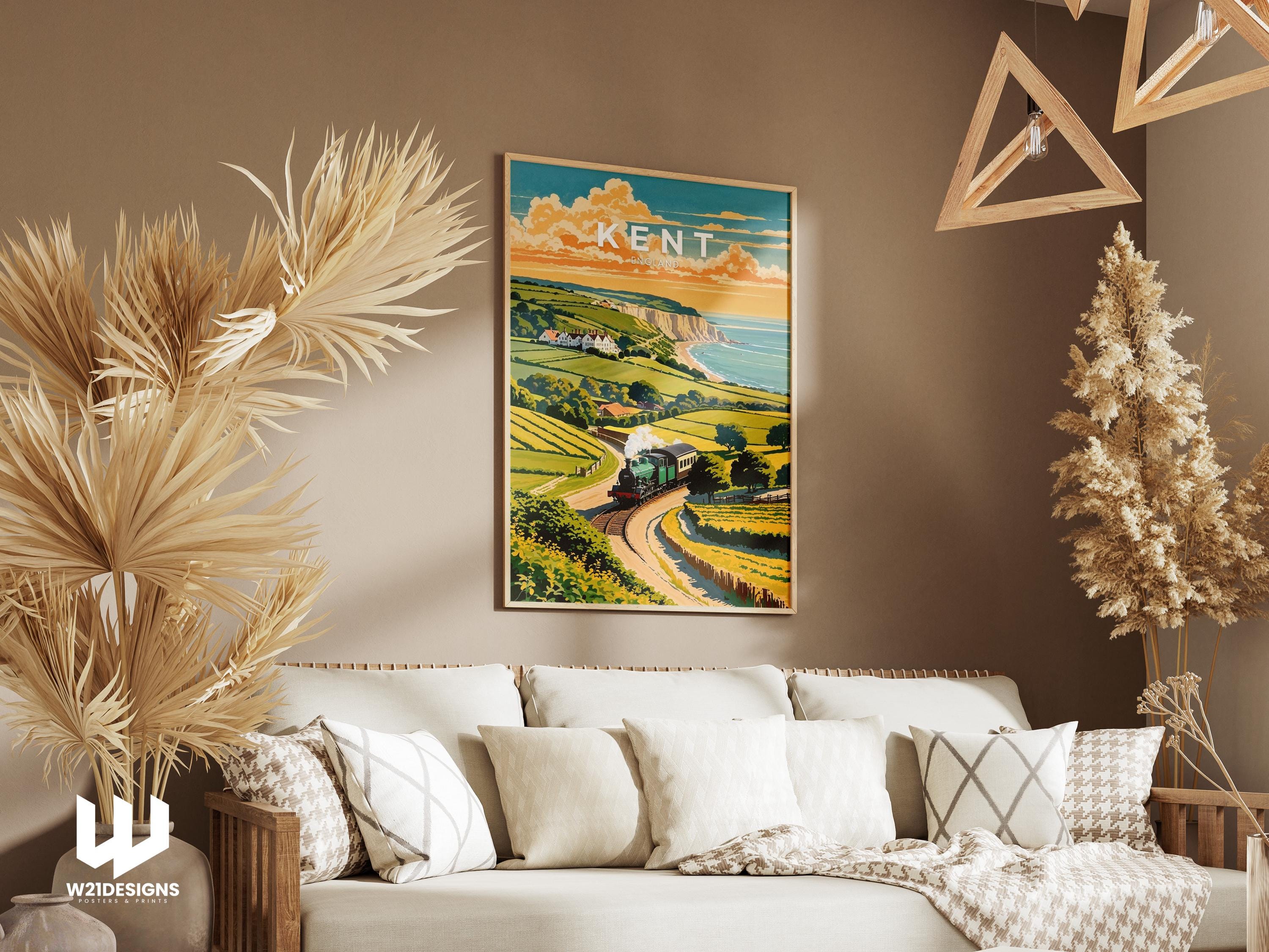 Vintage Kent Travel Poster: White Cliffs & Steam Train Art