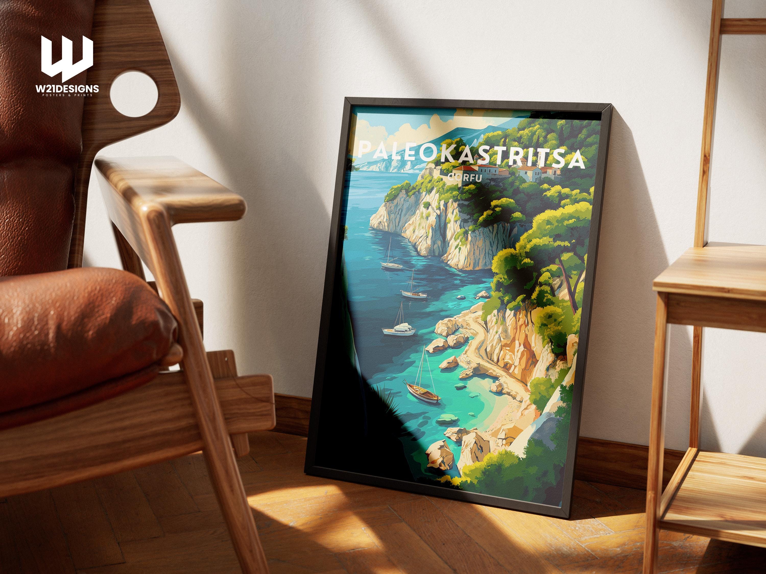 Paleokastritsa Travel Poster: Corfu Greece Coastal Cliff Art