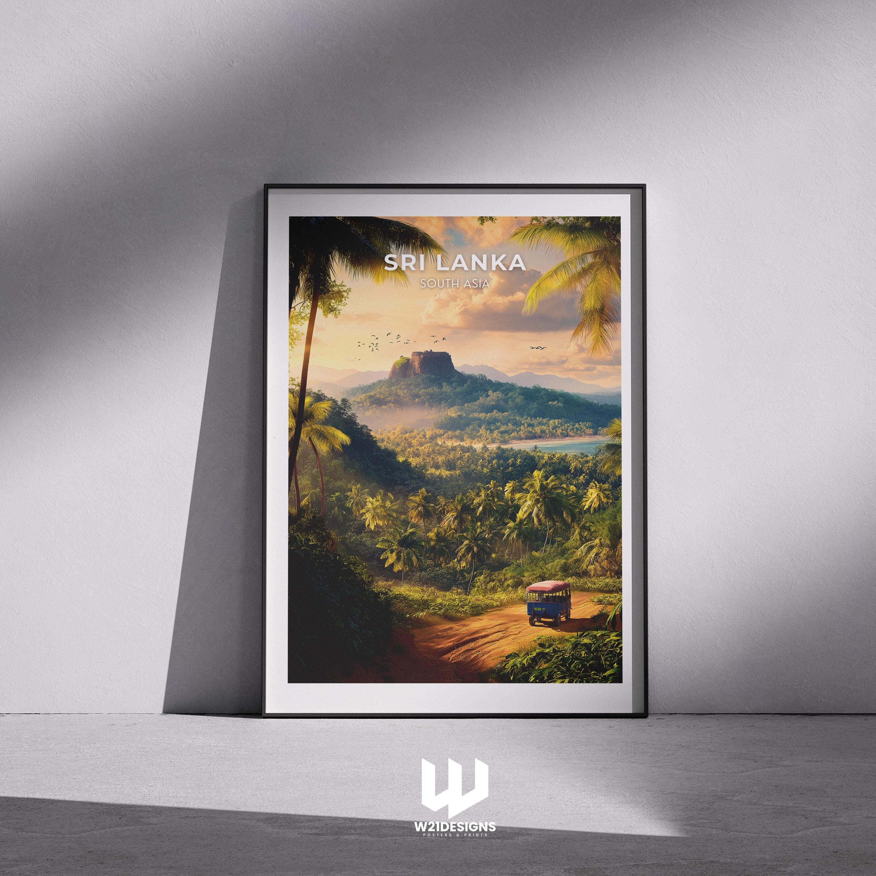 Sri Lanka Travel Poster: Sigiriya Rock, Tropical Jungle Art