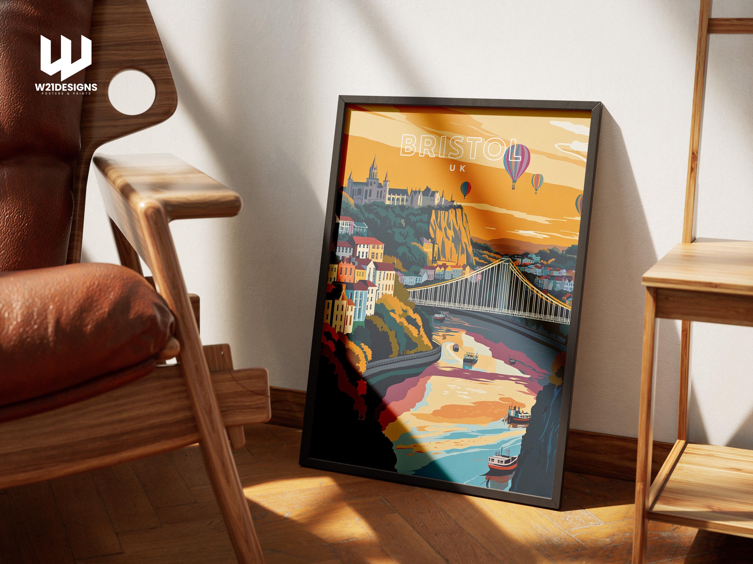 Bristol Travel Poster: Clifton Suspension Bridge & Hot Air Balloons