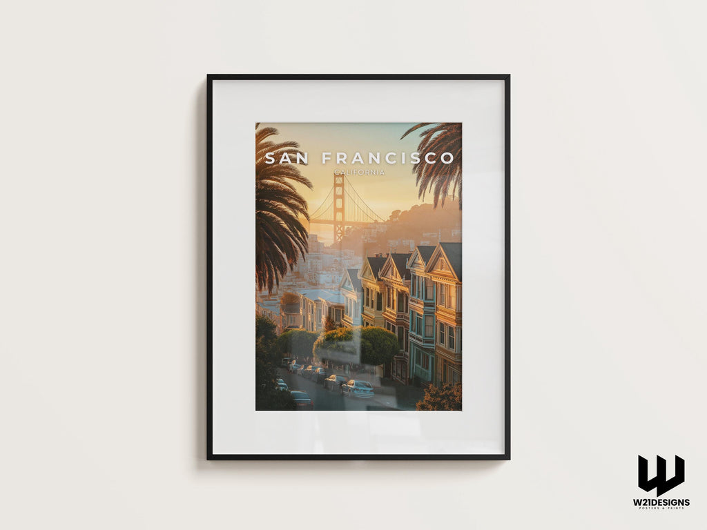 San Francisco Travel Poster: Golden Gate Bridge & Painted Ladies Art