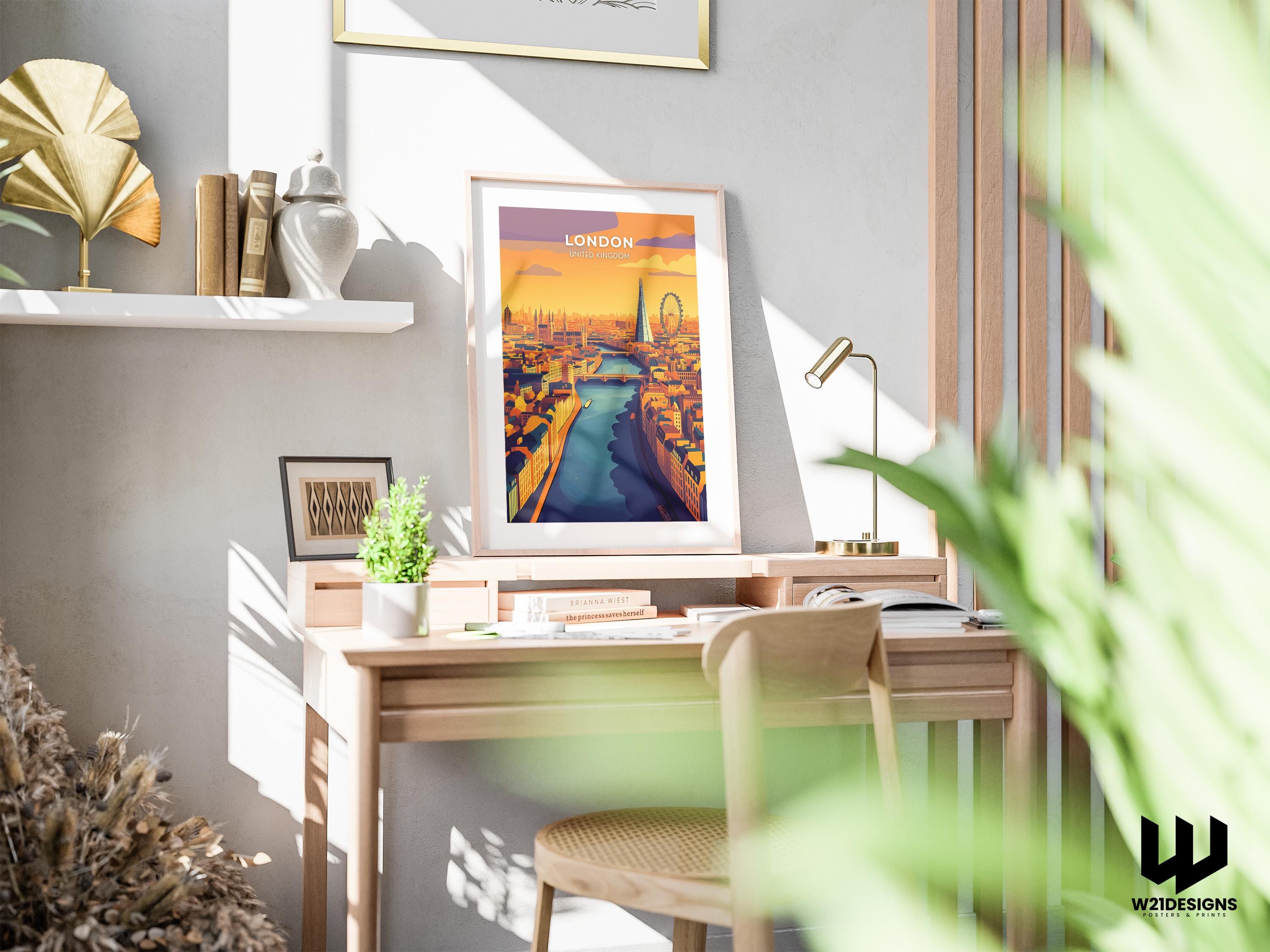 London Travel Poster: Aerial Cityscape Art Print, River Thames & UK Landmarks