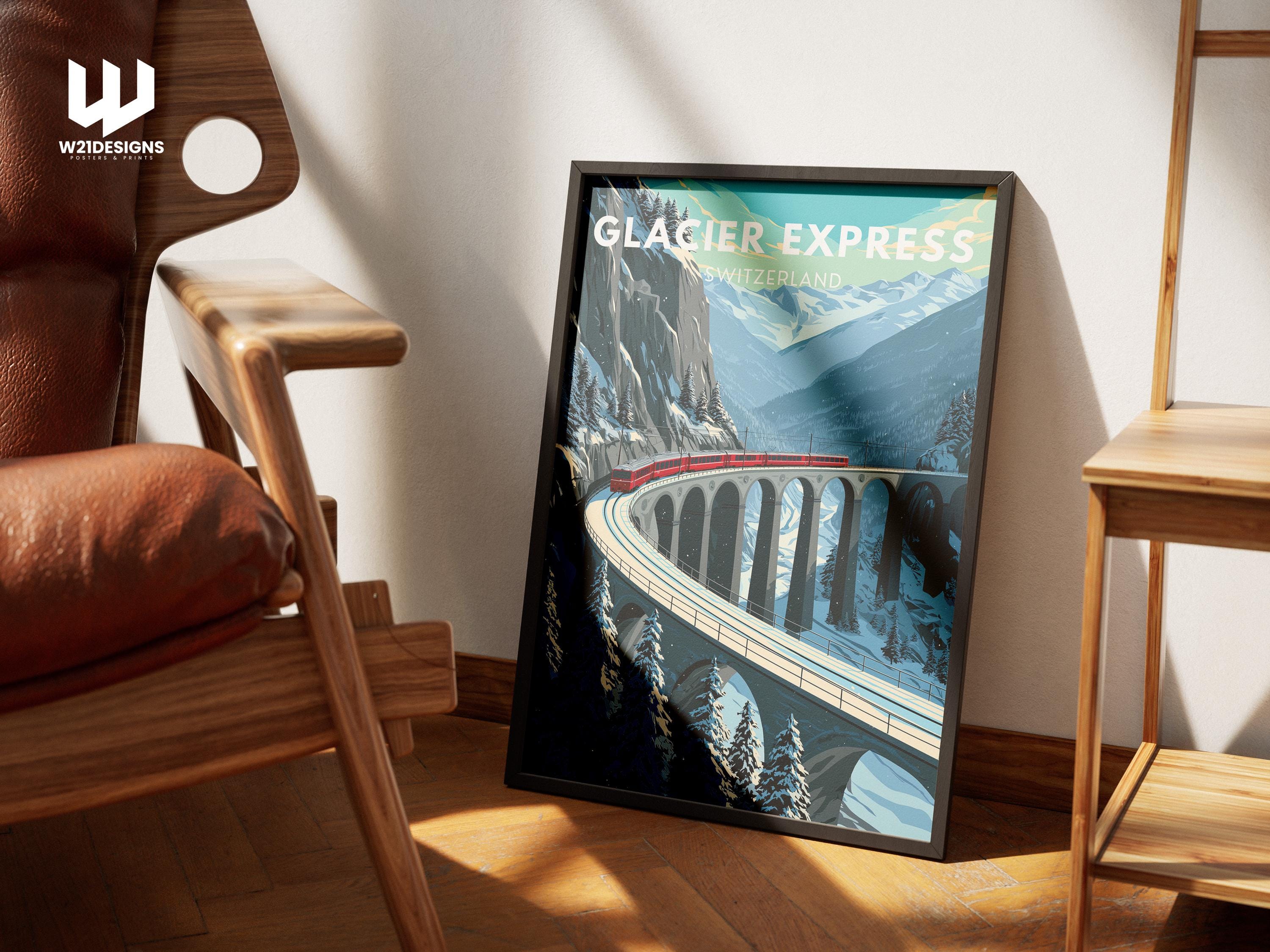 Vintage Glacier Express Poster: Swiss Alps Winter Train Travel Art