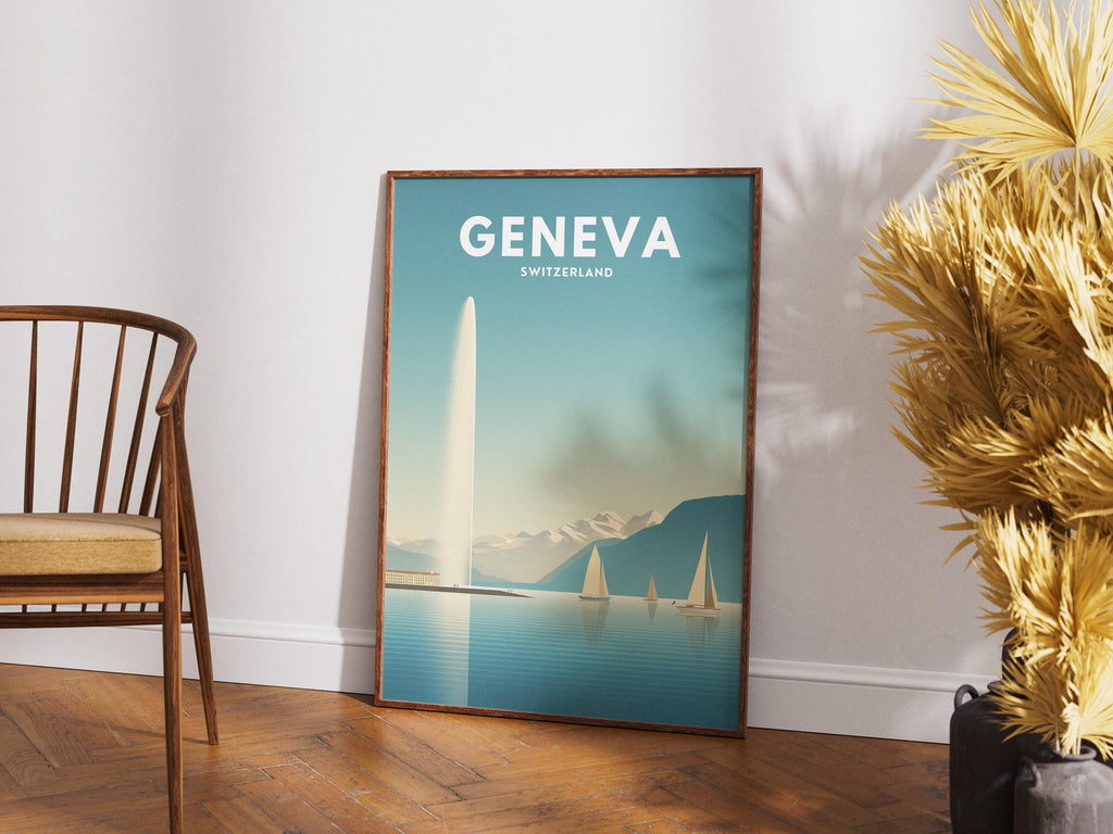 Geneva Switzerland Travel Poster | Lake Geneva Wall Art | Minimal Mountain & Sailboat Print