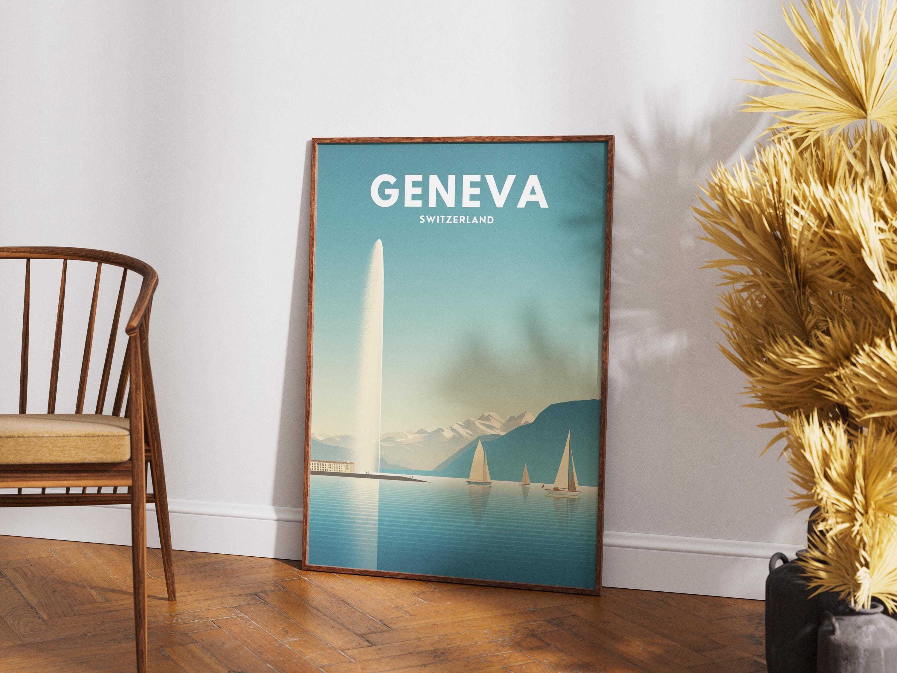 Geneva Switzerland Travel Poster | Lake Geneva Wall Art | Minimal Mountain & Sailboat Print