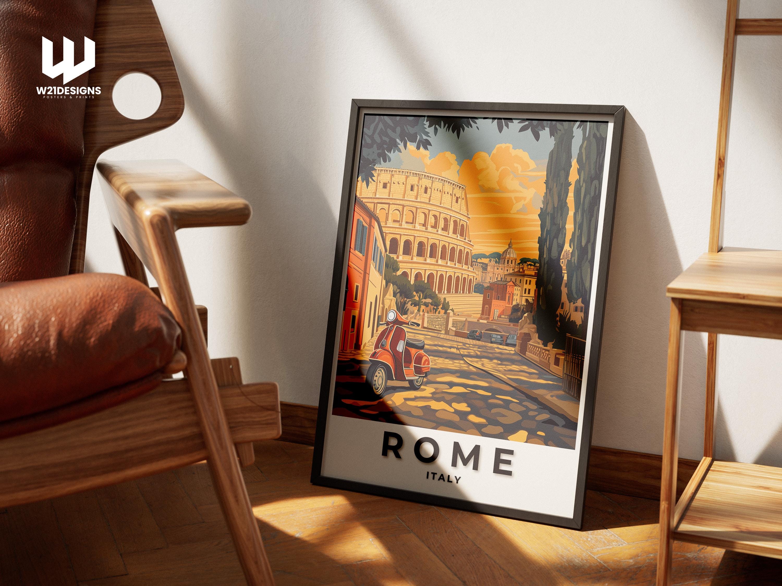 Rome Travel Print: Vintage Colosseum & Vespa Illustration
