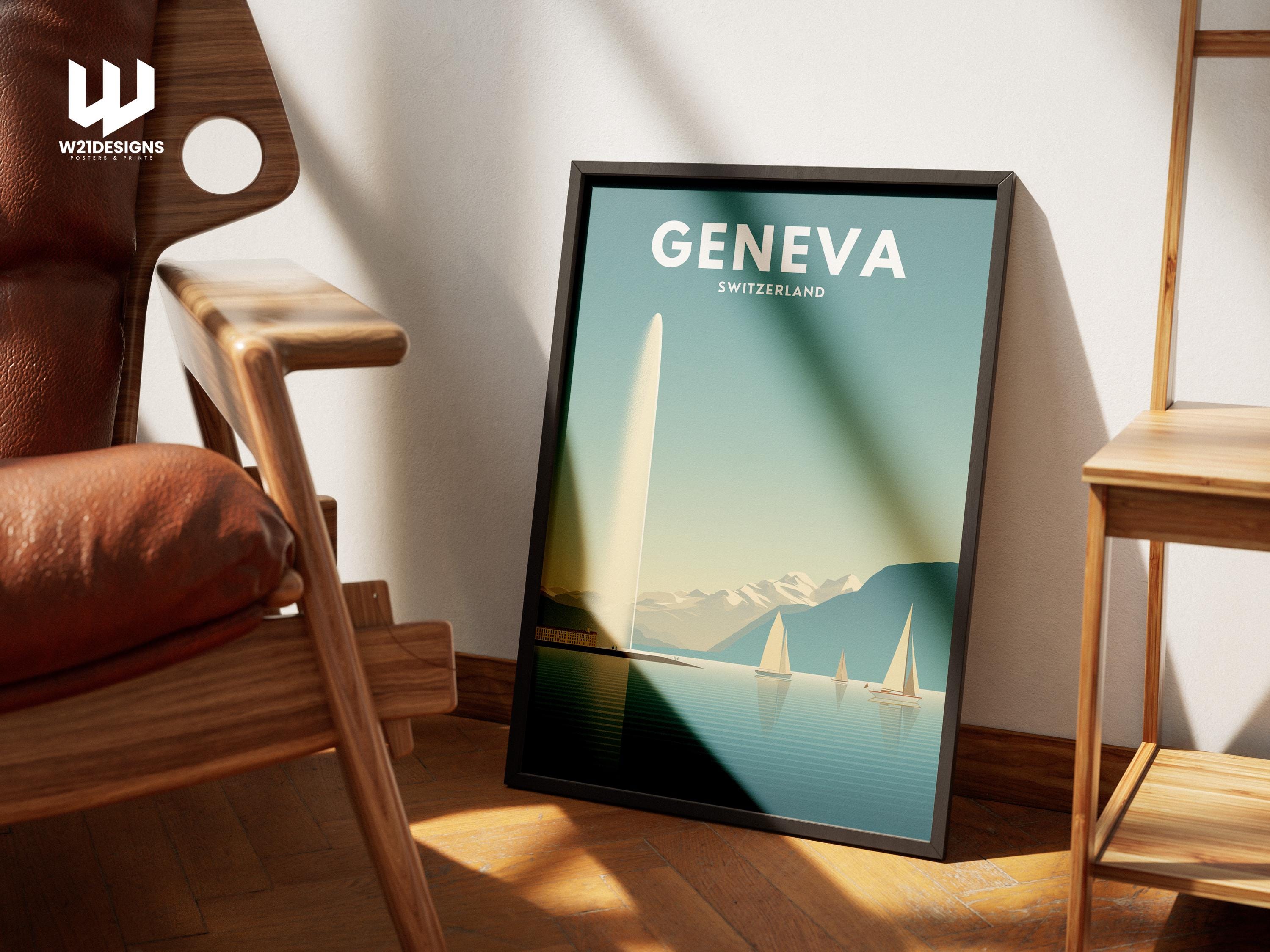 Geneva Switzerland Travel Poster | Lake Geneva Wall Art | Minimal Mountain & Sailboat Print