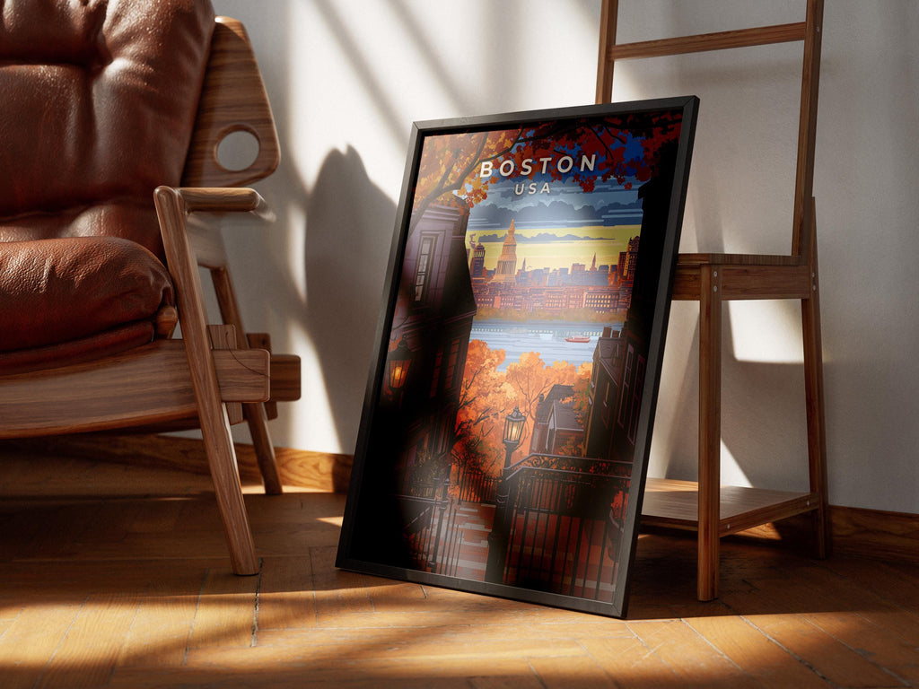 Boston Travel Poster: Vintage Beacon Hill Skyline Art Print