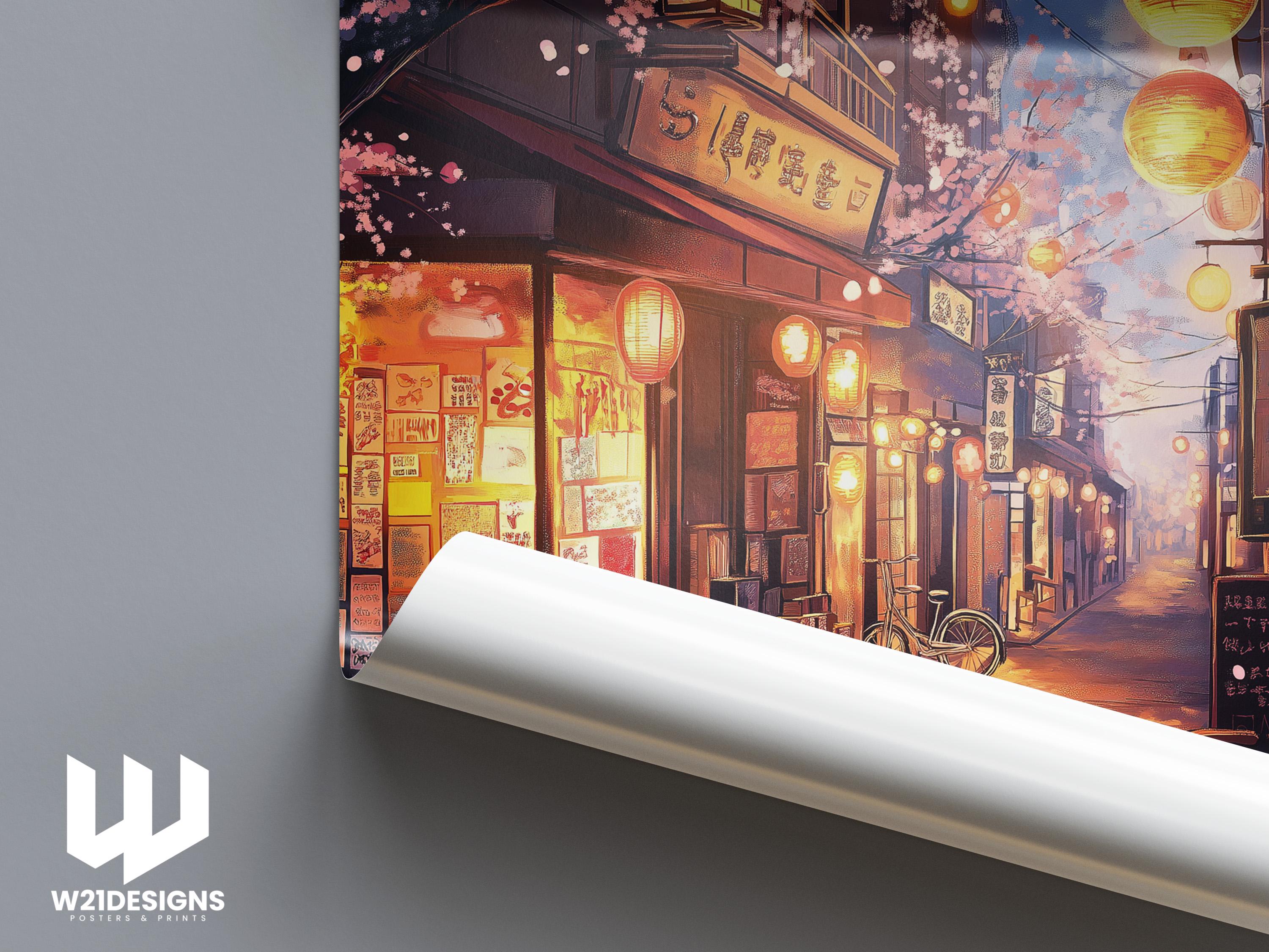 Ghibli Cat Art Print: Japanese Alley Lanterns, Anime Wall Decor
