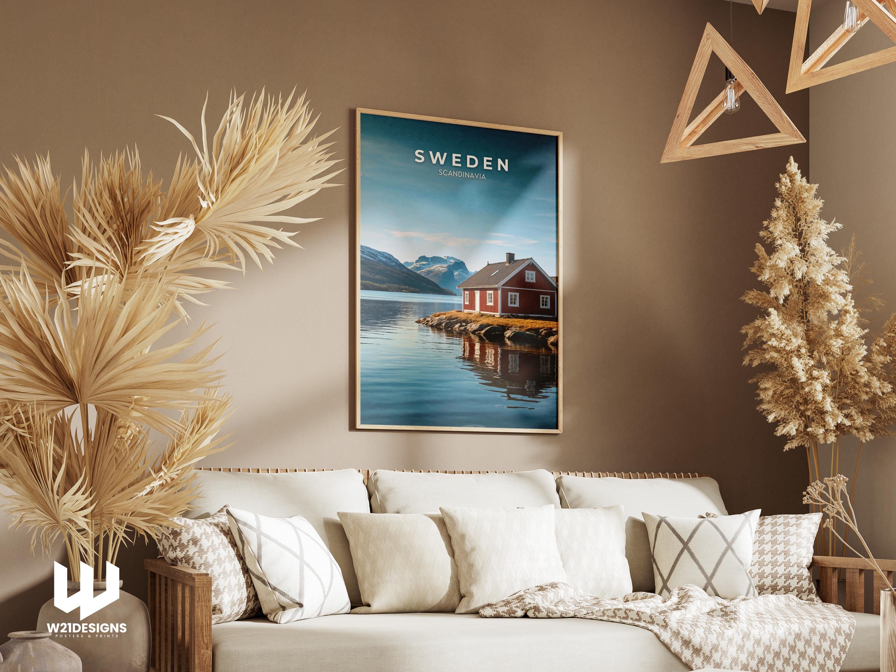 Sweden Travel Poster: Red Cabin, Scandinavian Mountains Art Print