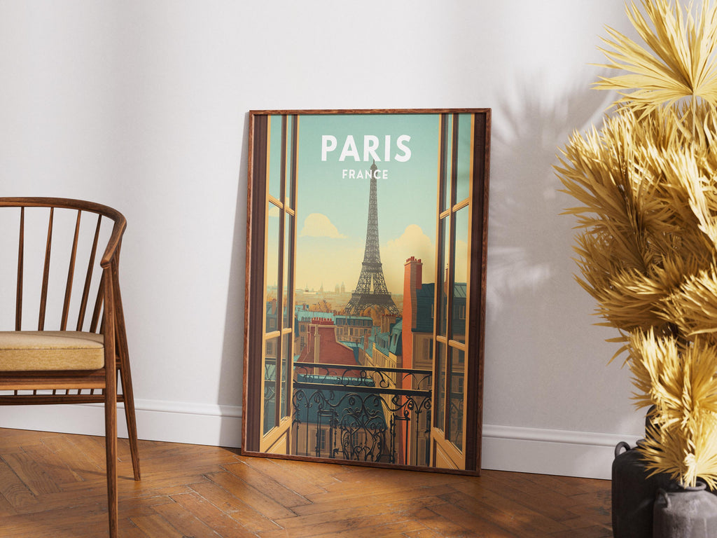 Eiffel Tower Print: Vintage Paris Balcony View Travel Poster