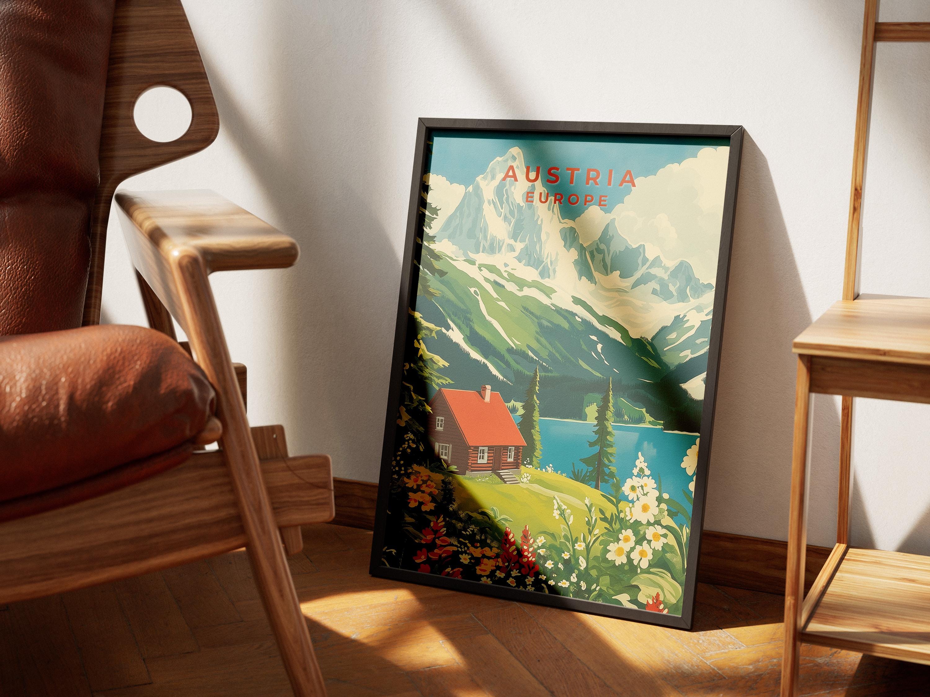 Vintage Austria Travel Poster: Austrian Alps, Lake Cabin Art