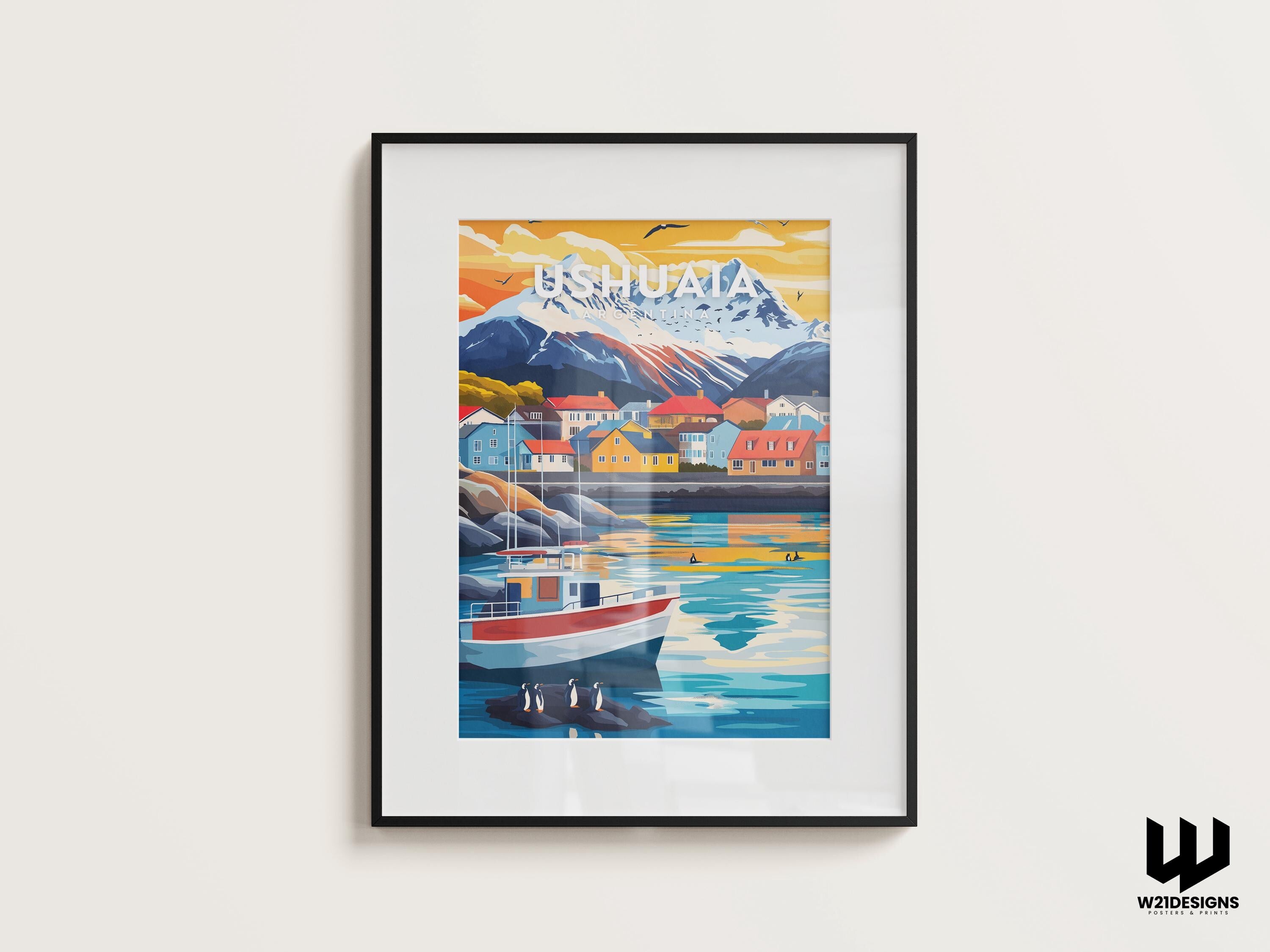 Ushuaia Argentina Travel Poster: Patagonia Penguin Art Print