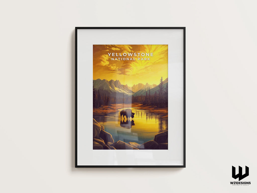 Yellowstone National Park Poster: Vintage Bison Landscape Art Print
