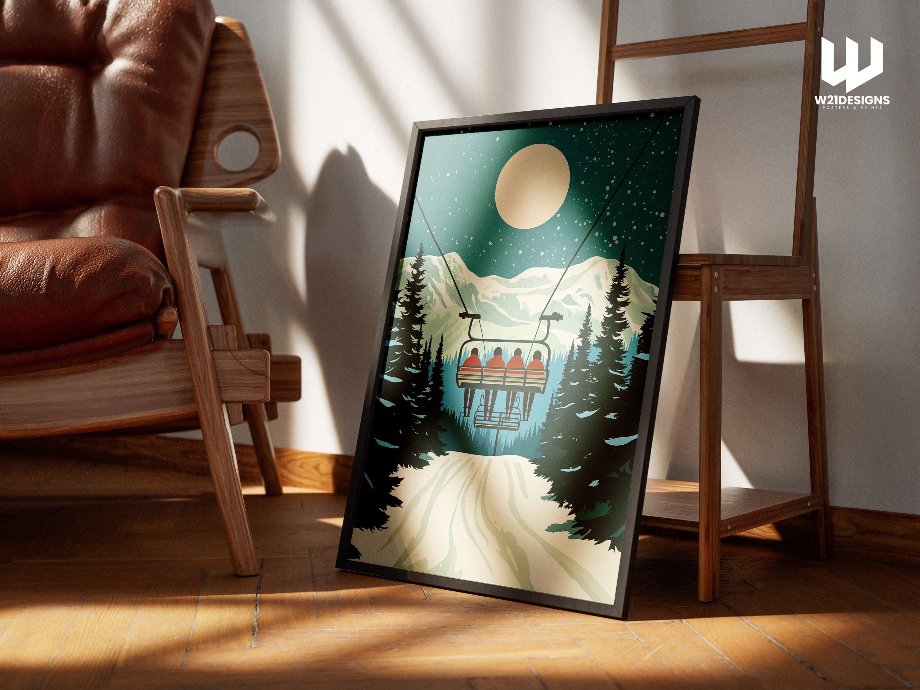 Vintage Ski Chairlift Poster: Snowy Mountain Cabin Wall Art