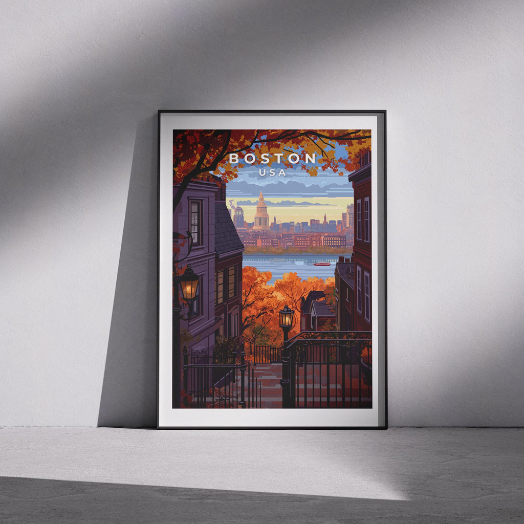 Boston Travel Poster: Vintage Beacon Hill Skyline Art Print