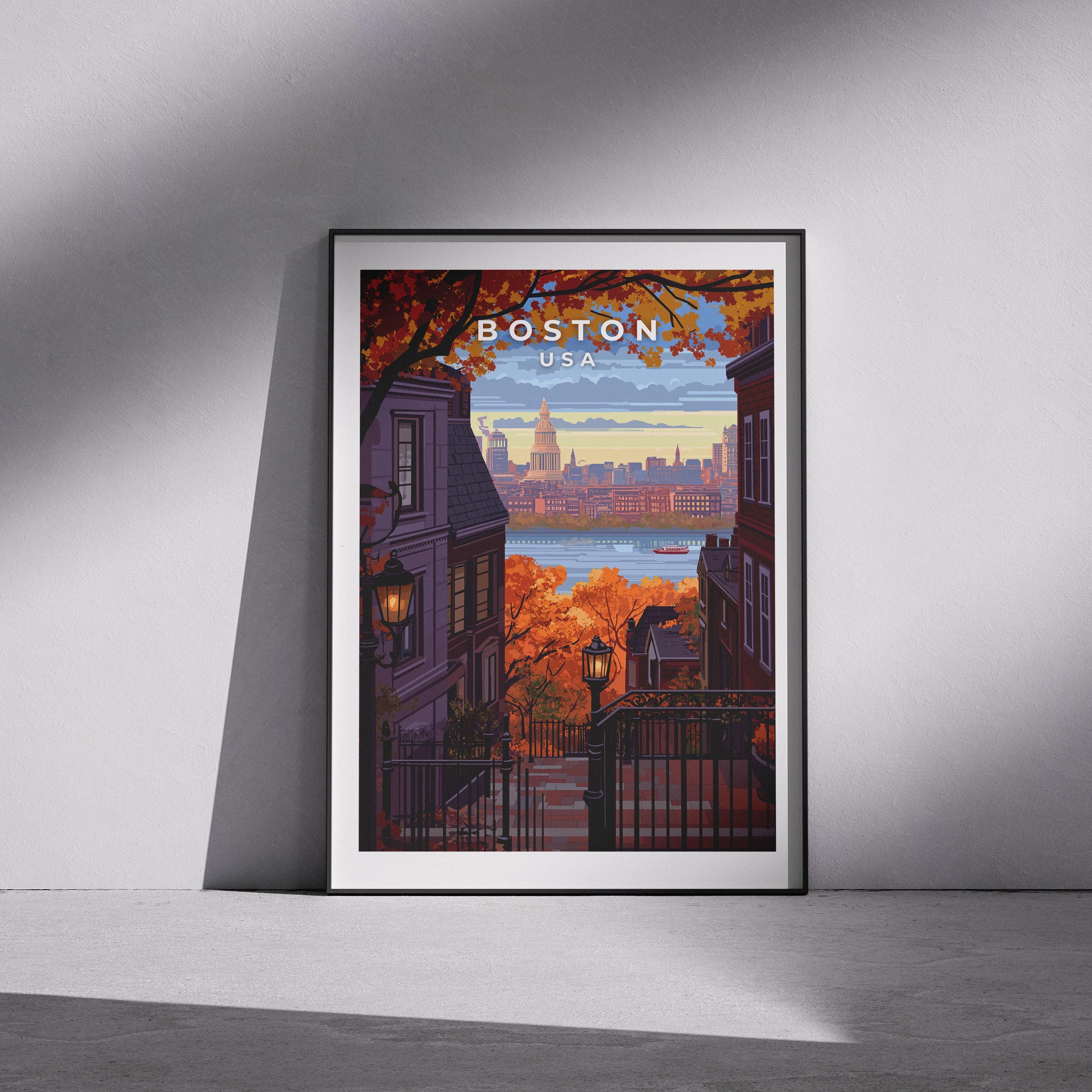 Boston Travel Poster: Vintage Beacon Hill Skyline Art Print
