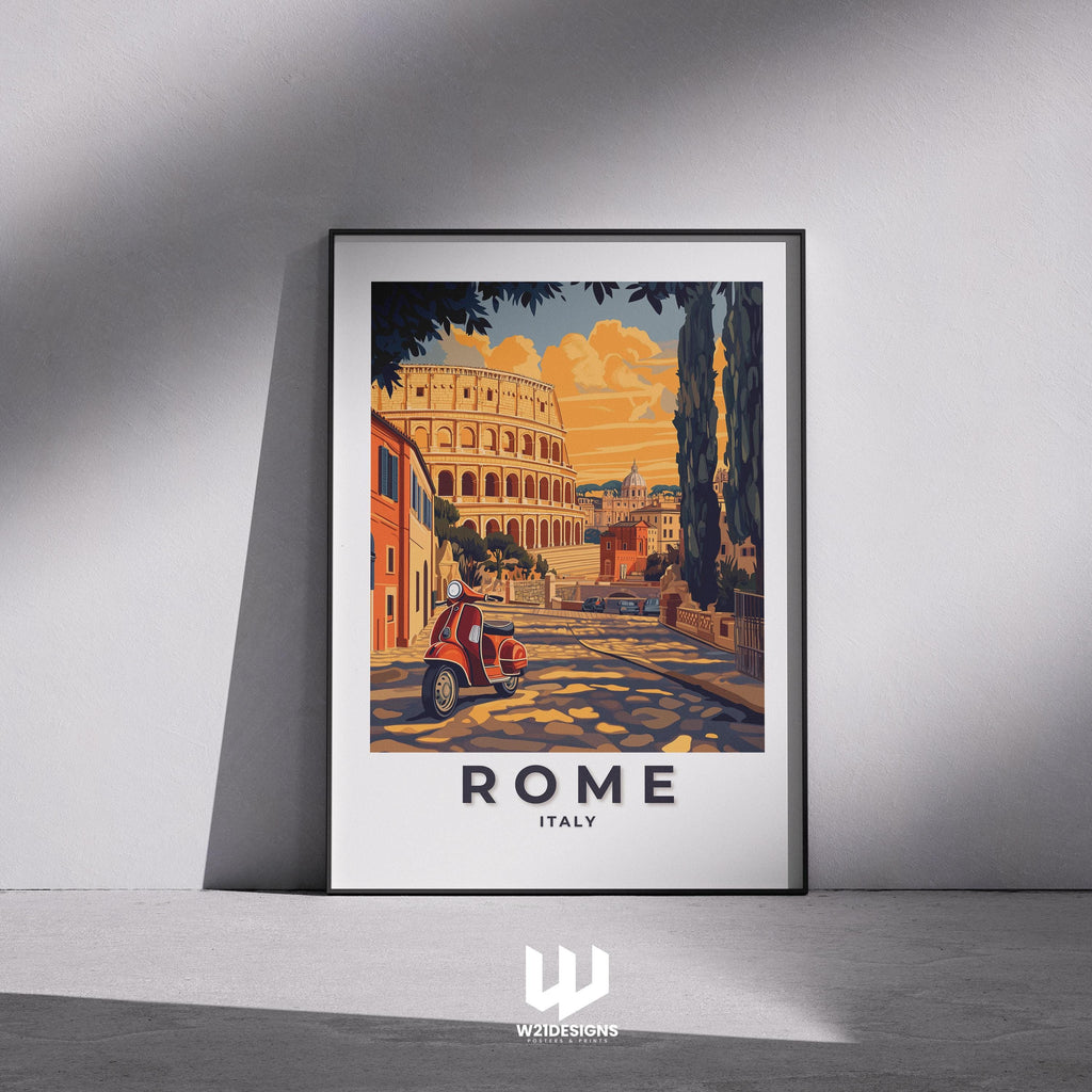 Rome Travel Print: Vintage Colosseum & Vespa Illustration