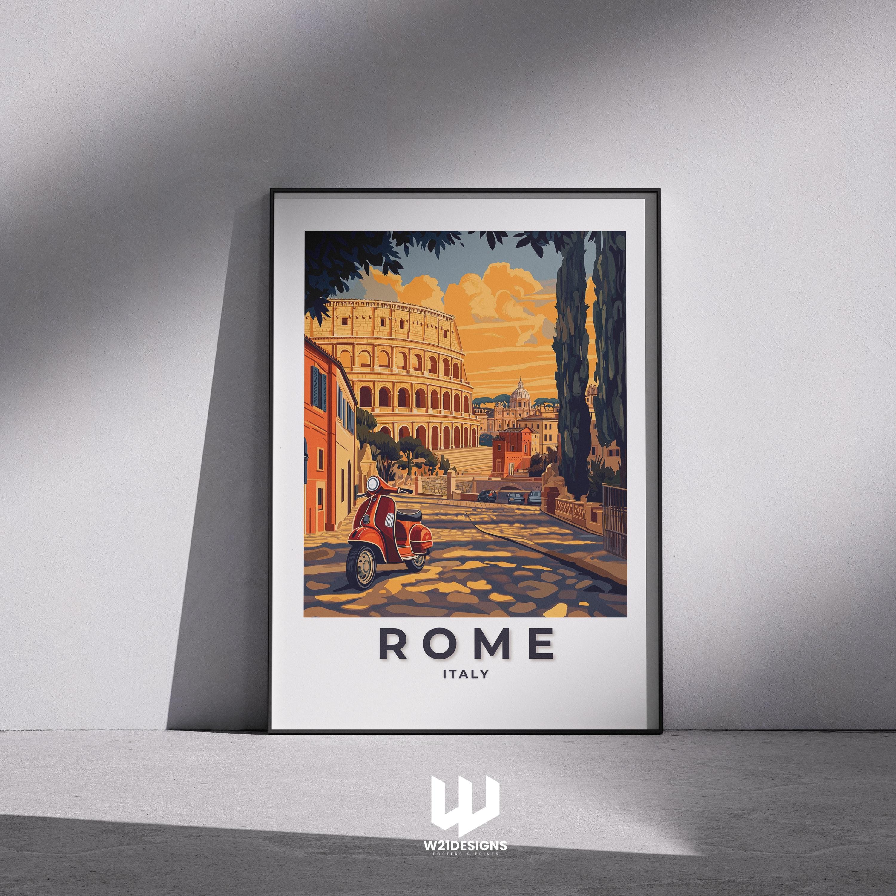 Rome Travel Print: Vintage Colosseum & Vespa Illustration