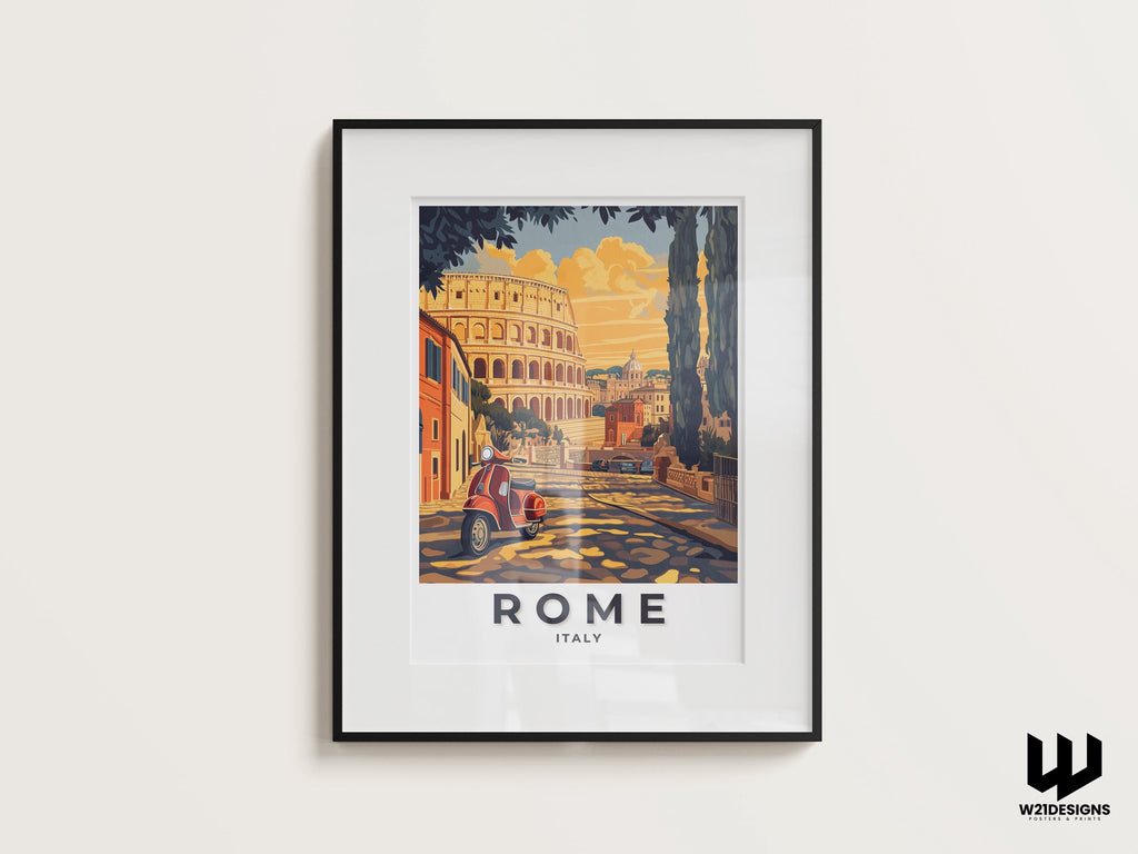 Rome Travel Print: Vintage Colosseum & Vespa Illustration