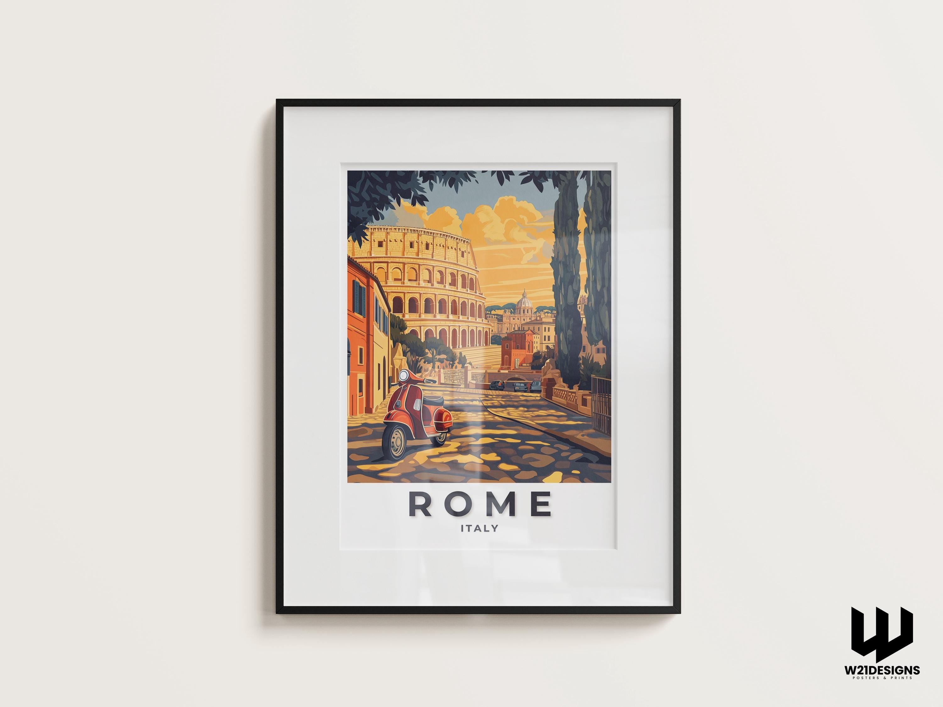 Rome Travel Print: Vintage Colosseum & Vespa Illustration
