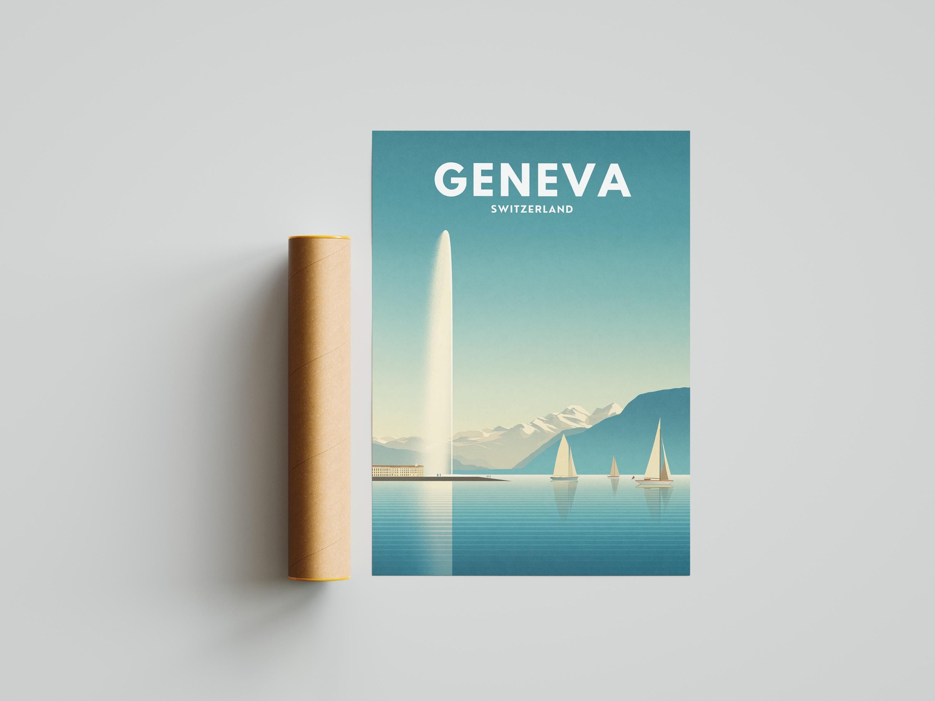 Geneva Switzerland Travel Poster | Lake Geneva Wall Art | Minimal Mountain & Sailboat Print