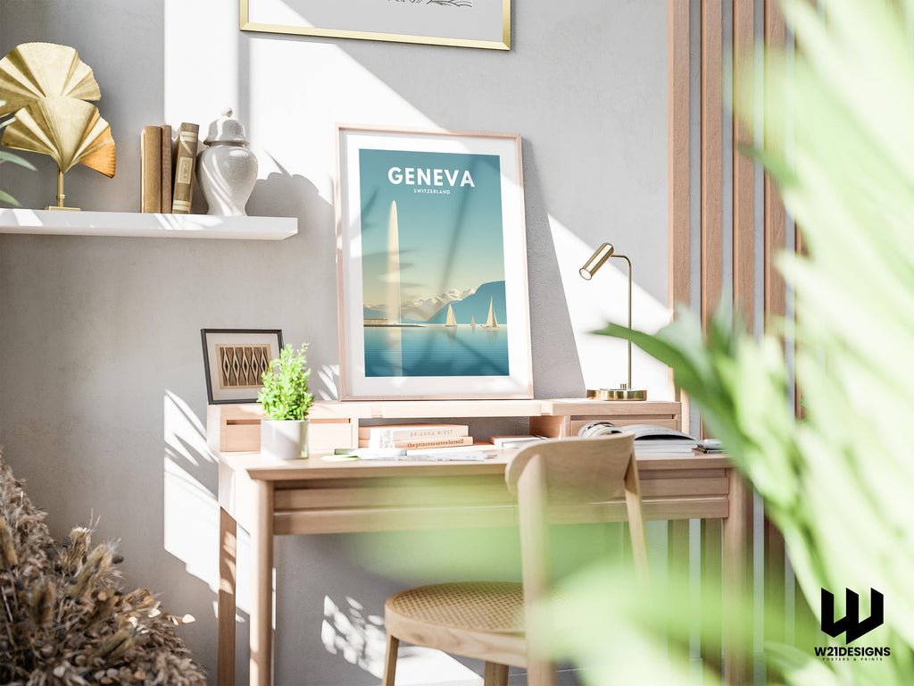 Geneva Switzerland Travel Poster | Lake Geneva Wall Art | Minimal Mountain & Sailboat Print