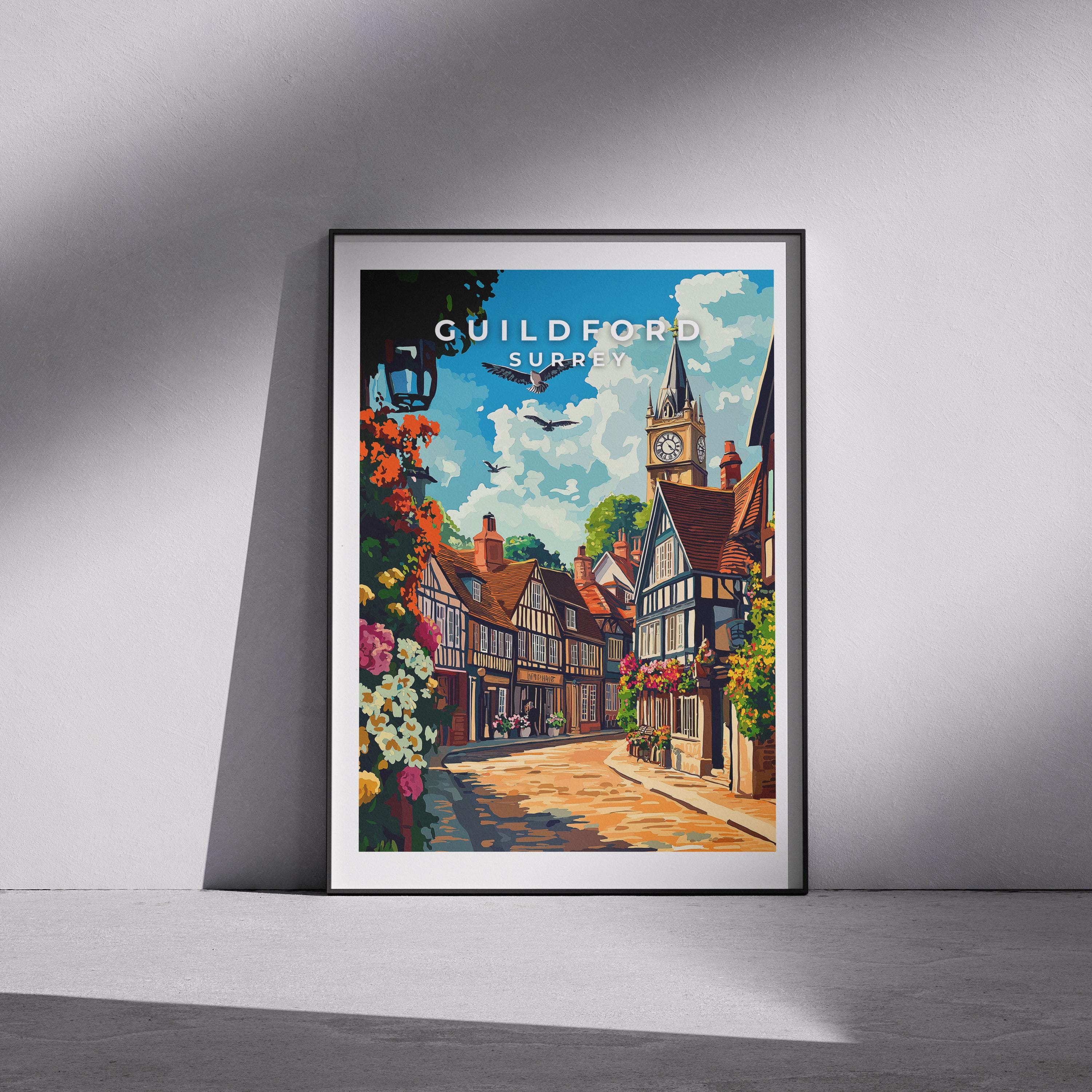 Guildford Travel Poster: Vintage Surrey Print, UK Wall Art