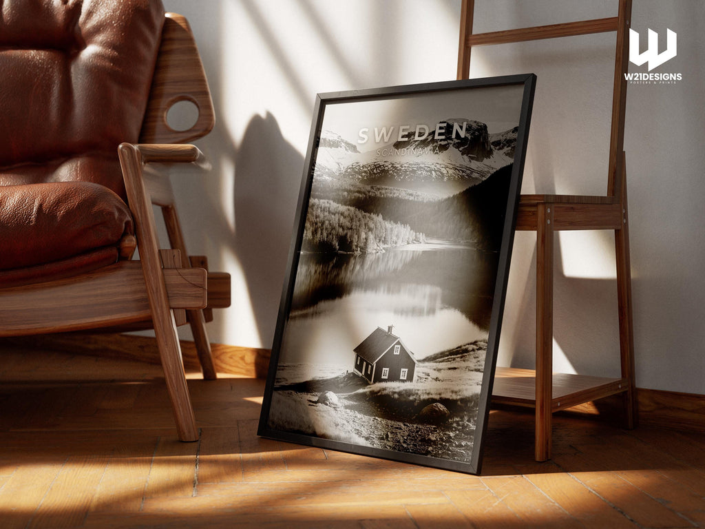 Sweden Mountain Print: Scandinavian Cabin, Nordic Landscape Art