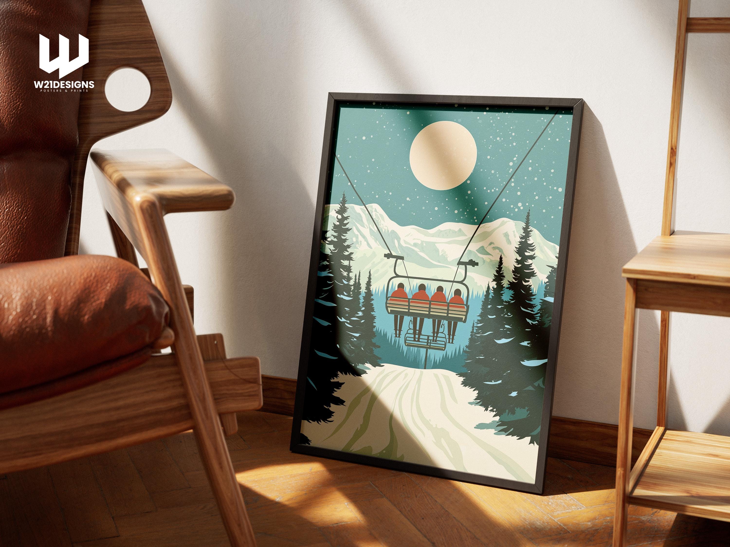 Vintage Ski Chairlift Poster: Snowy Mountain Cabin Wall Art